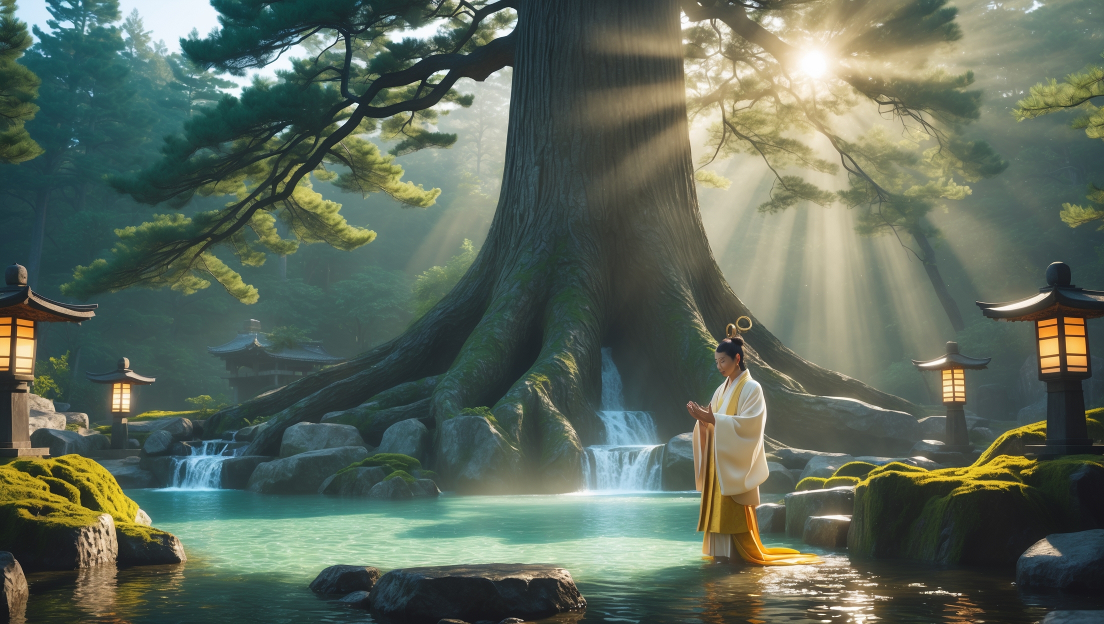 Shinto priest performing ritual at sacred giant cedar with mystical spring water in Shiogama, Japan, symbolizing ancient salt legends and Japanese folklore.
