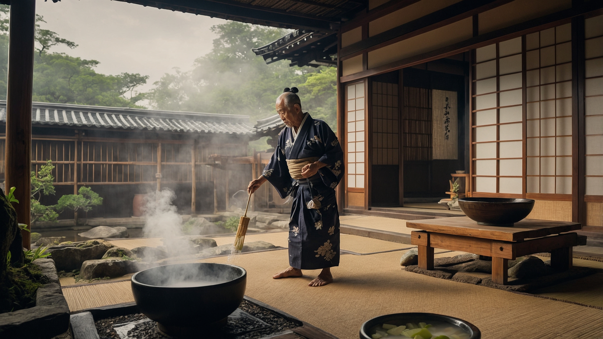 Edo period Japanese man performing traditional salt ritual for summer purification