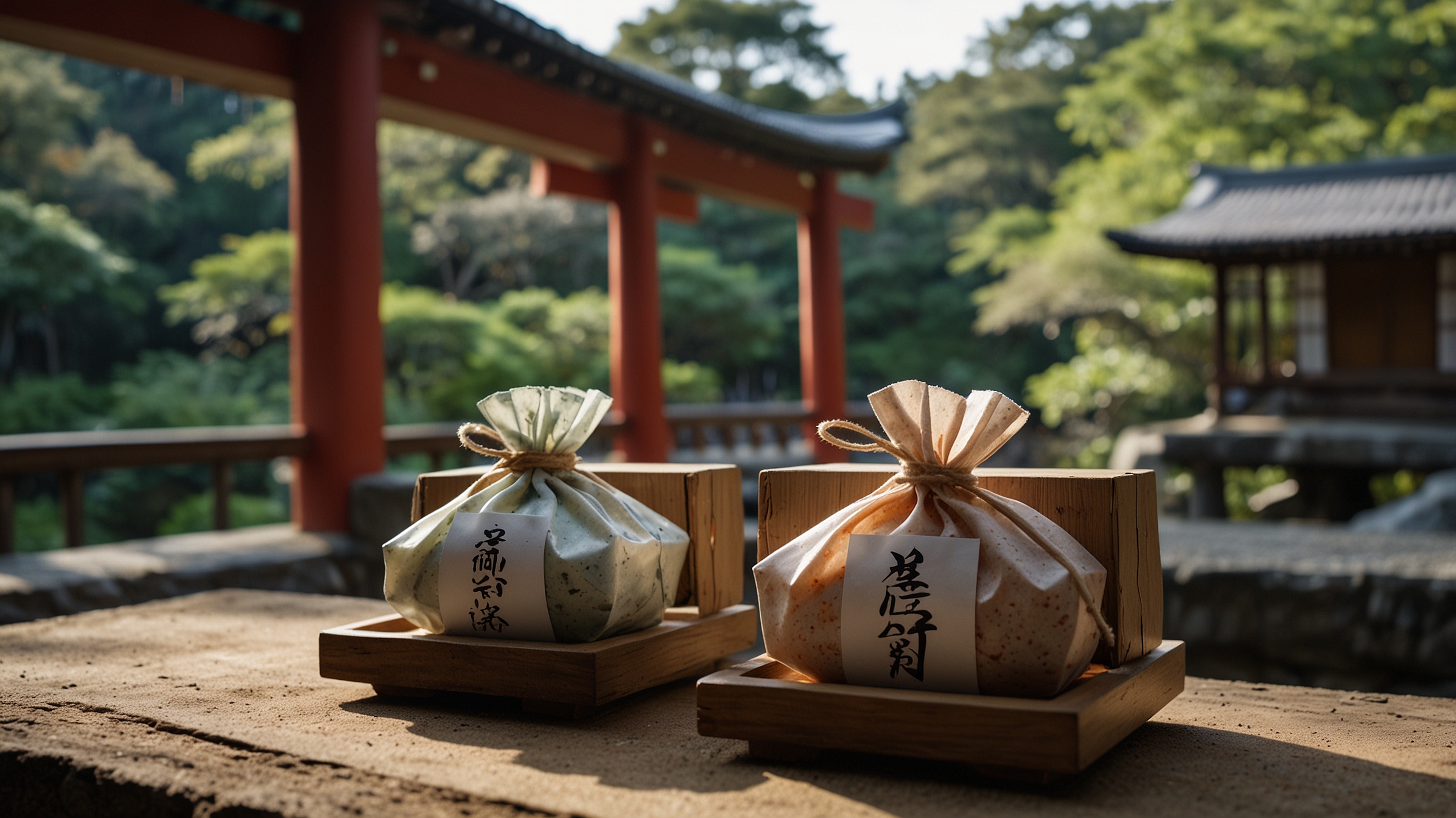 Japanese salt souvenir wrapped in cloth with torii gate in background at sacred temple