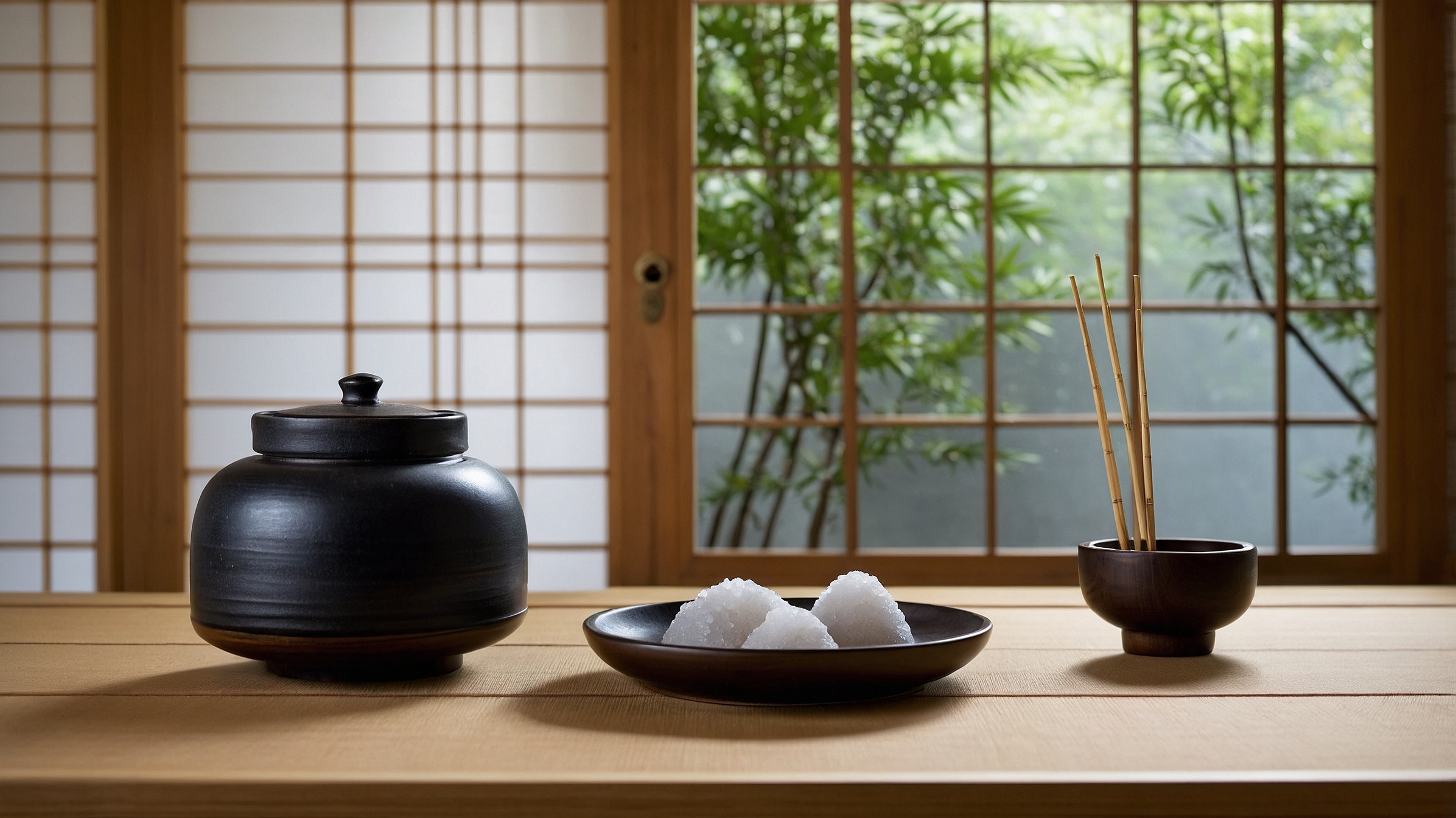 Modern Japanese summer interior with salt cleansing decor and bamboo incense sticks