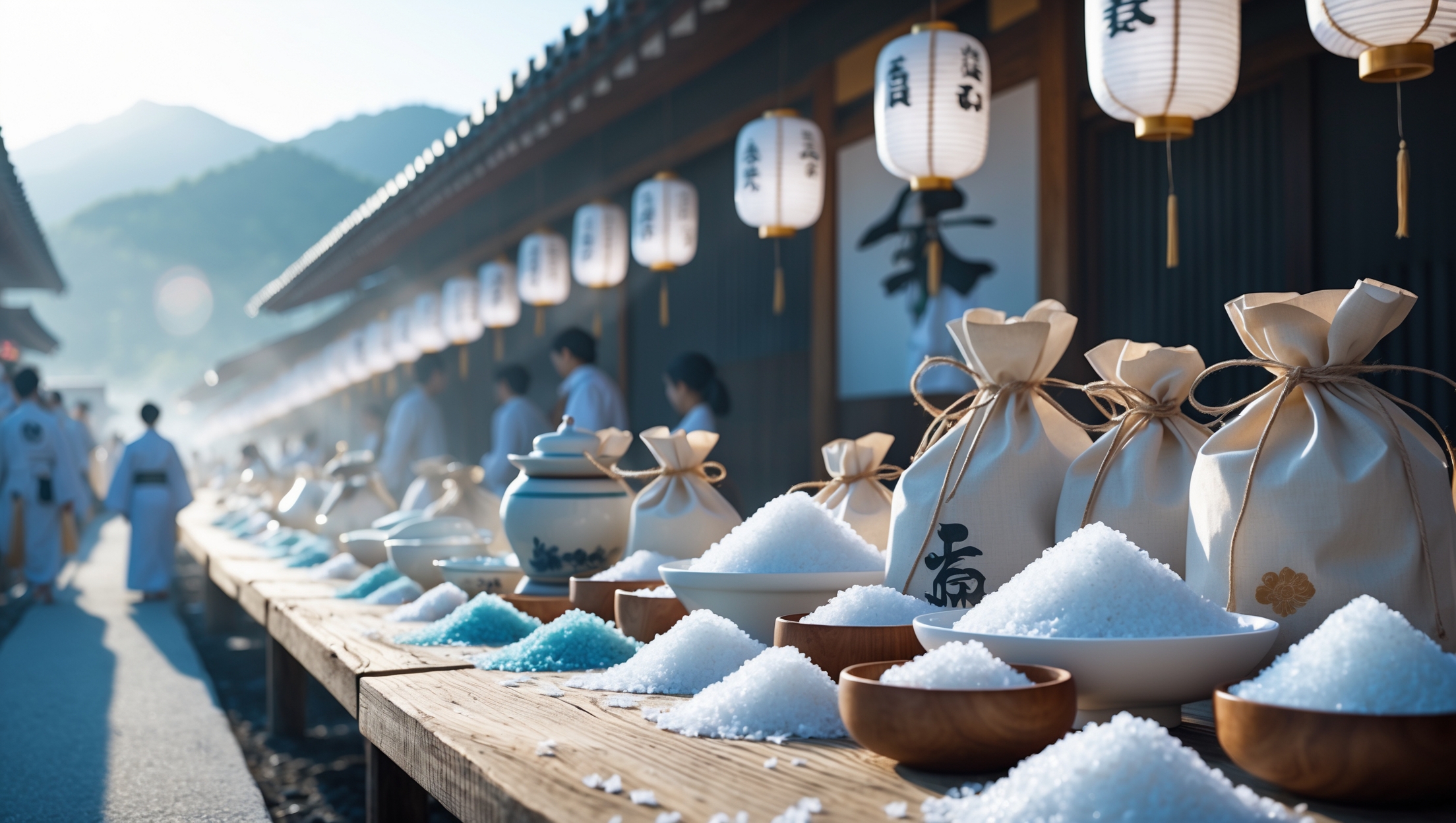 Traditional Japanese summer salt festival featuring rows of white salt mounds in bowls and cloth bags, lanterns illuminating a historical street.