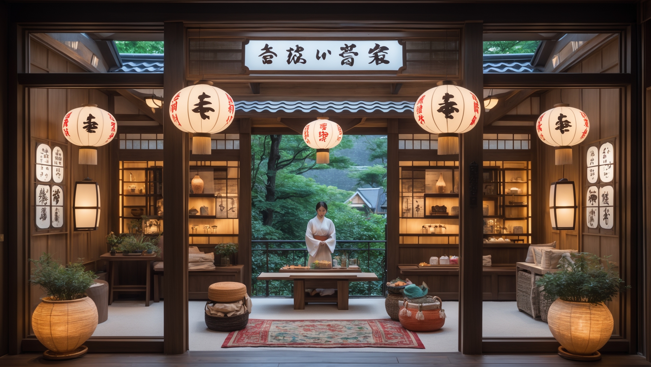 Japanese woman performing a traditional salt ritual for summer money fortune inside a beautifully decorated Japanese interior with lanterns and natural light.