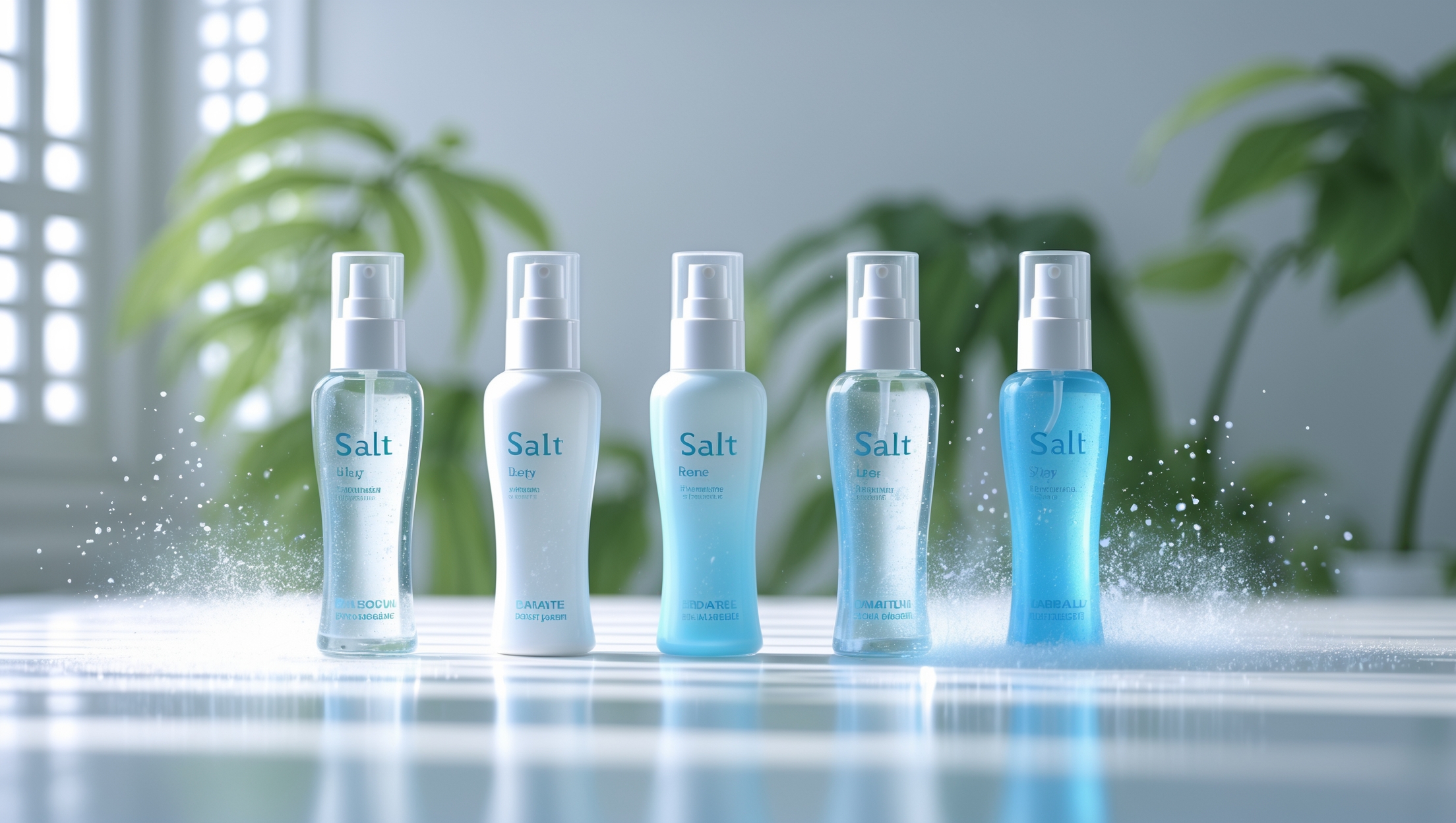 Modern lineup of summer salt spray products for deodorizing, purification and wellness, displayed in bright minimalistic background.
