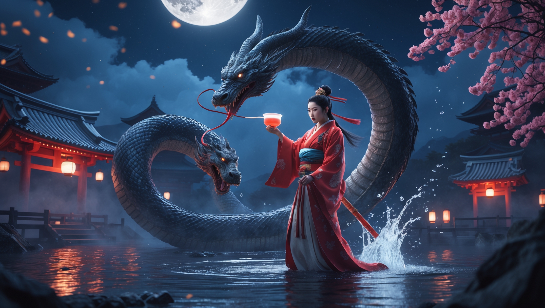 Japanese woman in red kimono offers salt-infused sake to the giant Yamata no Orochi serpent under moonlight, symbolizing Japanese mythology and folklore.