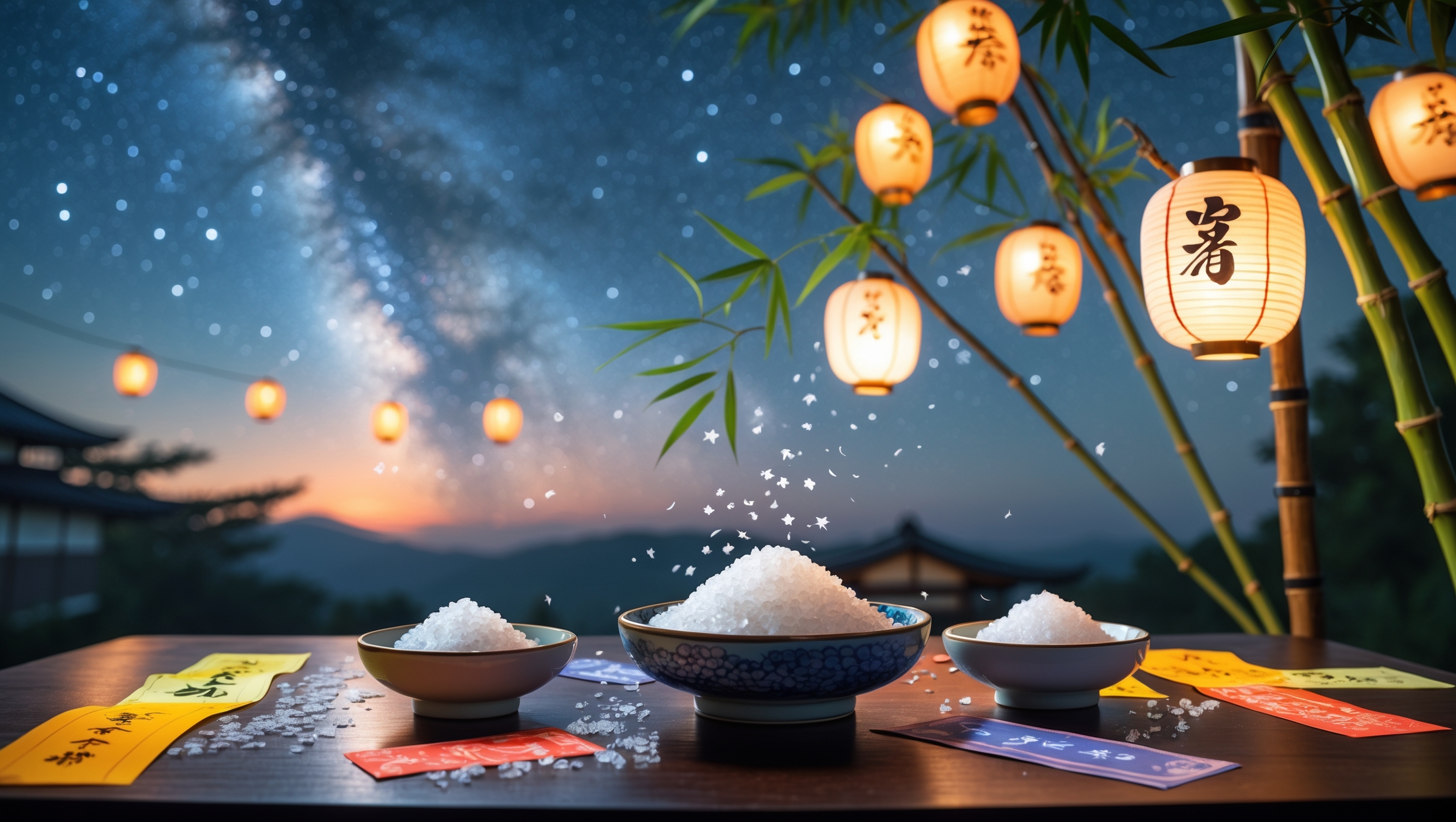 Salt ritual bowls and colorful Tanzaku strips under the Milky Way during Japanese Tanabata festival, symbolizing spiritual cleansing and wish-making traditions.