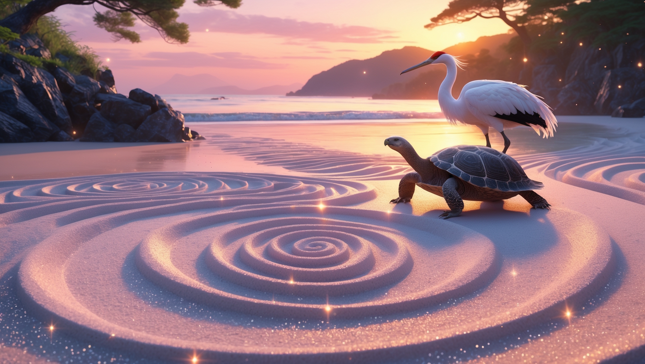 鶴が亀の背中に乗り、白い砂浜に描かれた螺旋状の塩の模様が広がる幻想的な海辺の夕景