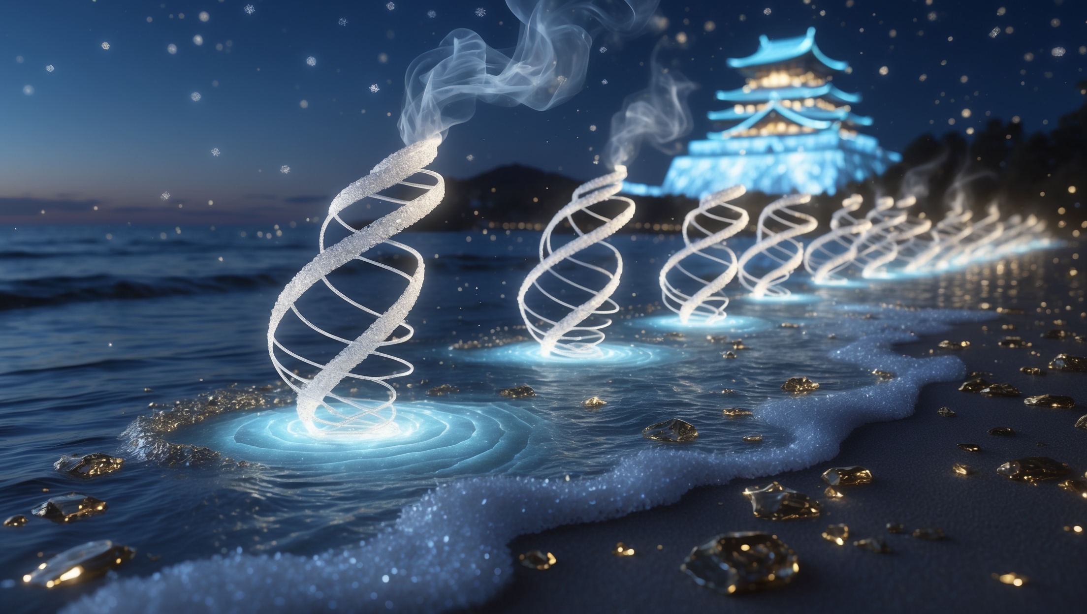 A magical night seascape inspired by Urashima Taro, featuring luminous spiral salt structures rising from ocean waves, symbolizing control over tides and time, with a glowing Ryugu Castle in the background under a starry sky.