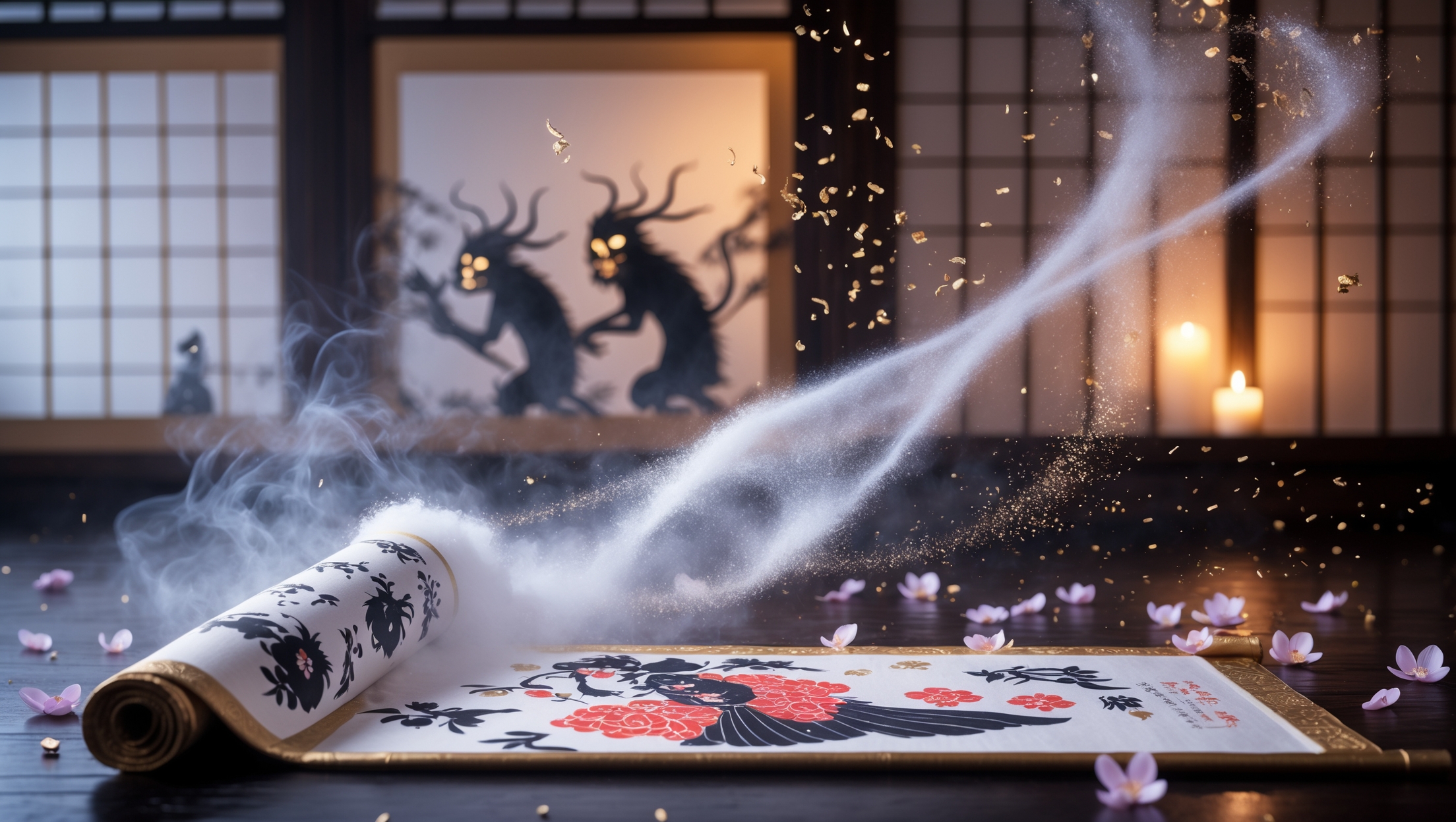 Edo-period Japanese yokai scroll partially unrolled on a dark wooden floor