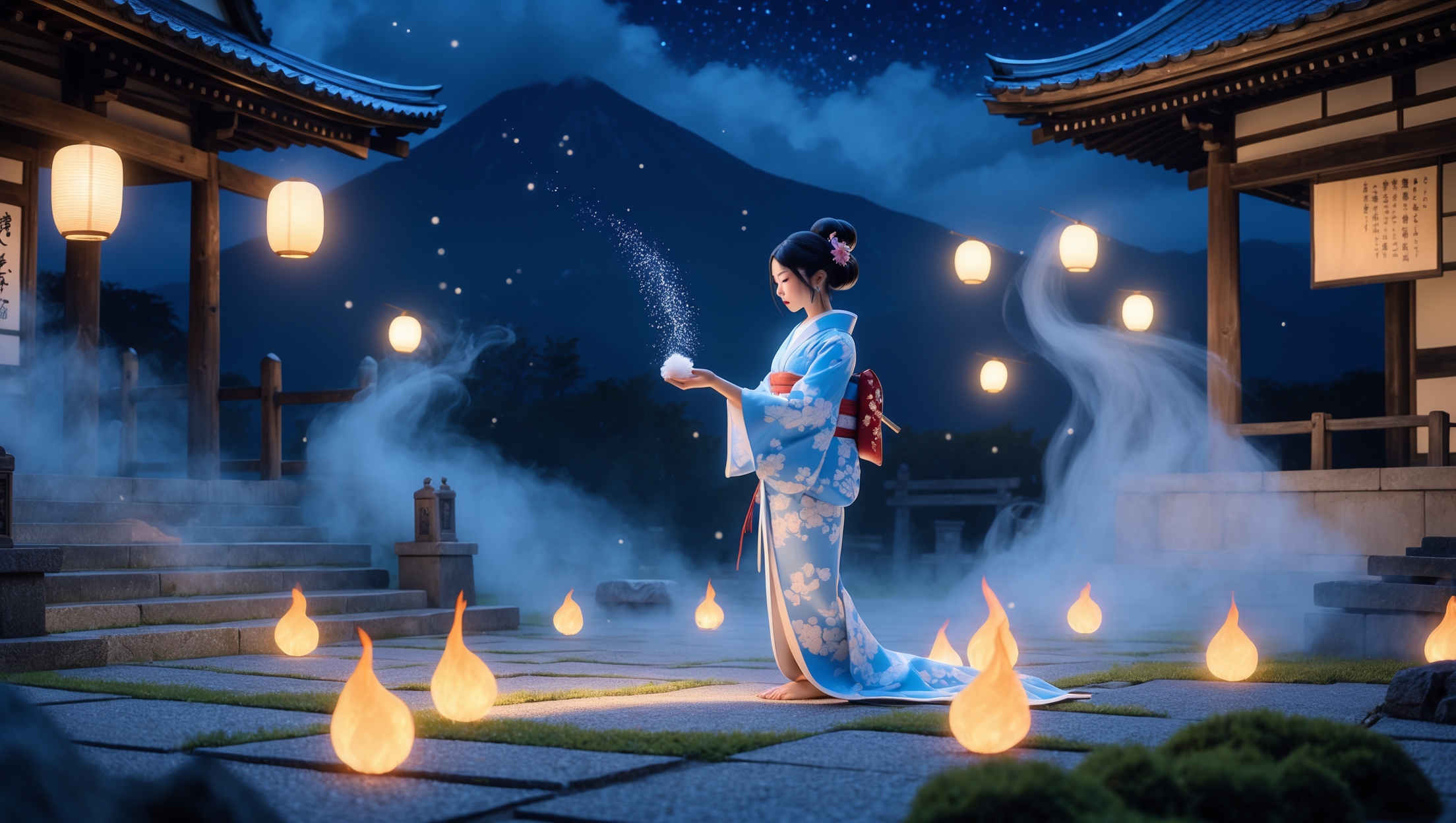 Japanese woman in blue yukata performing salt purification ritual against glowing yokai fire under starry summer night sky at traditional temple.
