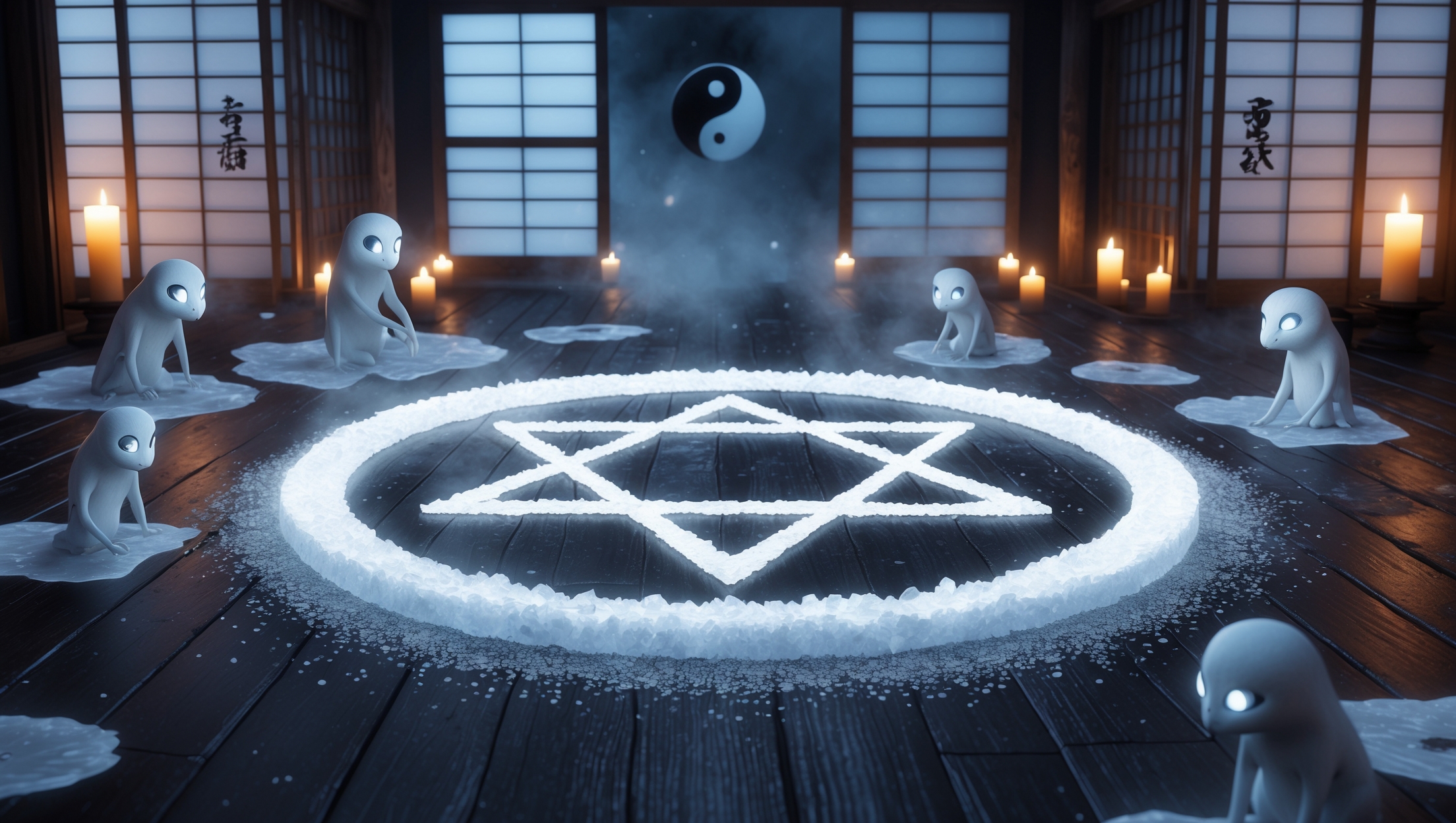 Japanese yokai gathered around a glowing salt hexagram talisman in a mystical Edo-period room, symbolizing salt-based protective magic rituals in Japanese folklore.