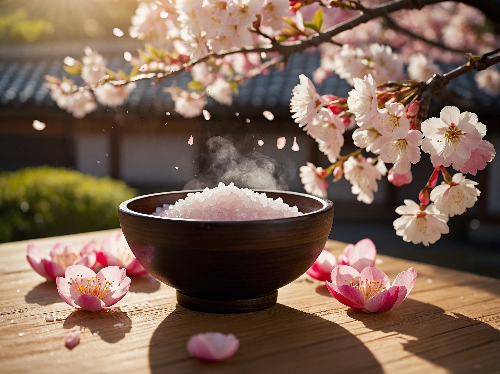Japanese cherry blossoms and steaming salt bowl for summer purification ritual