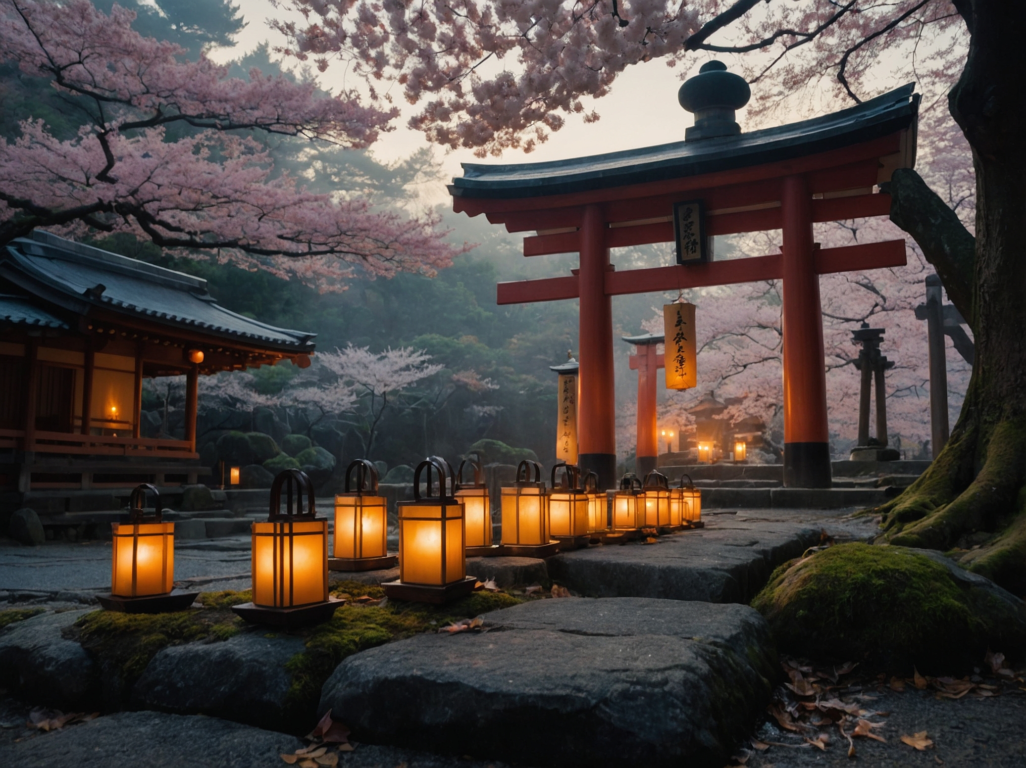 Japanese shrine torii gate with cherry blossoms and lanterns at night