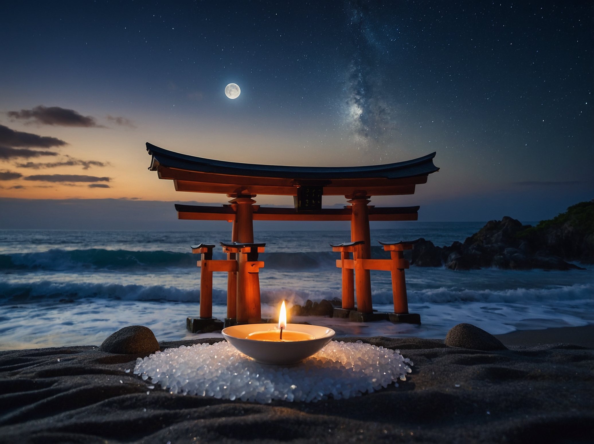 Japanese sea salt ritual at night with illuminated torii gate and full moon
