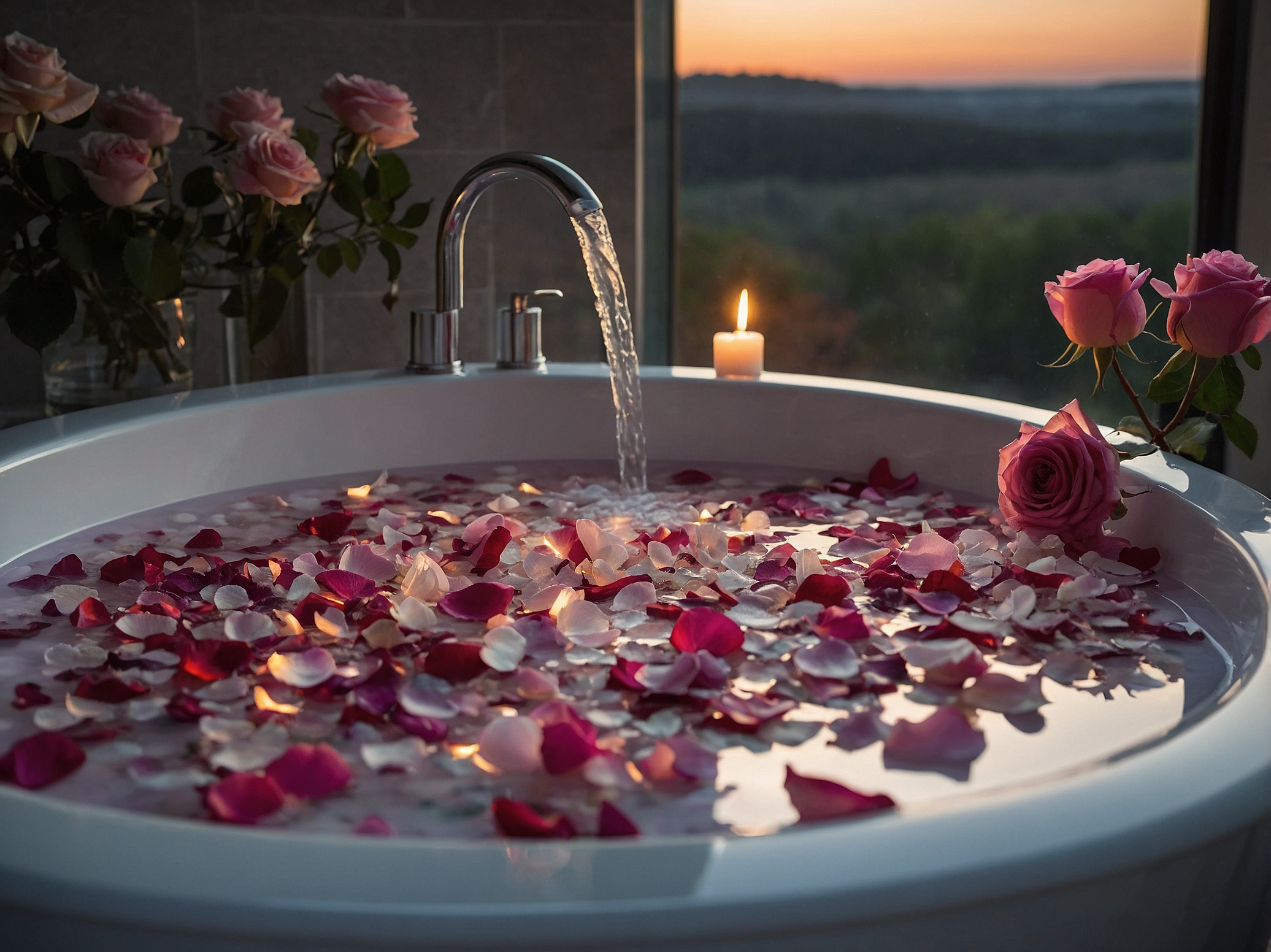 Romantic rose petal bath with candles and luxury spa atmosphere at sunset