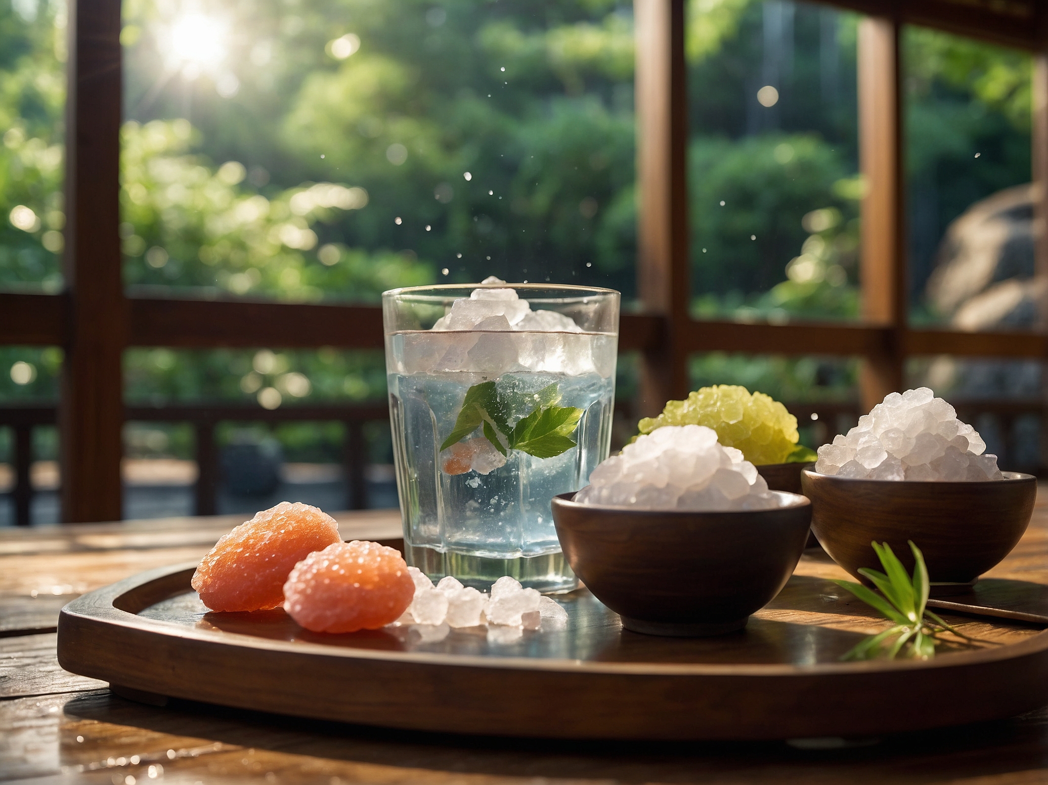 Refreshing Japanese salt candy and cold drink for summer heatstroke prevention on wooden table