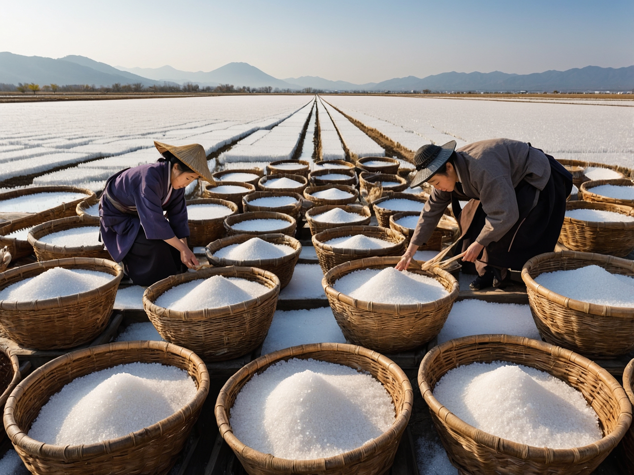 Traditional Japanese salt field harvest with artisans filling bamboo baskets of sea salt