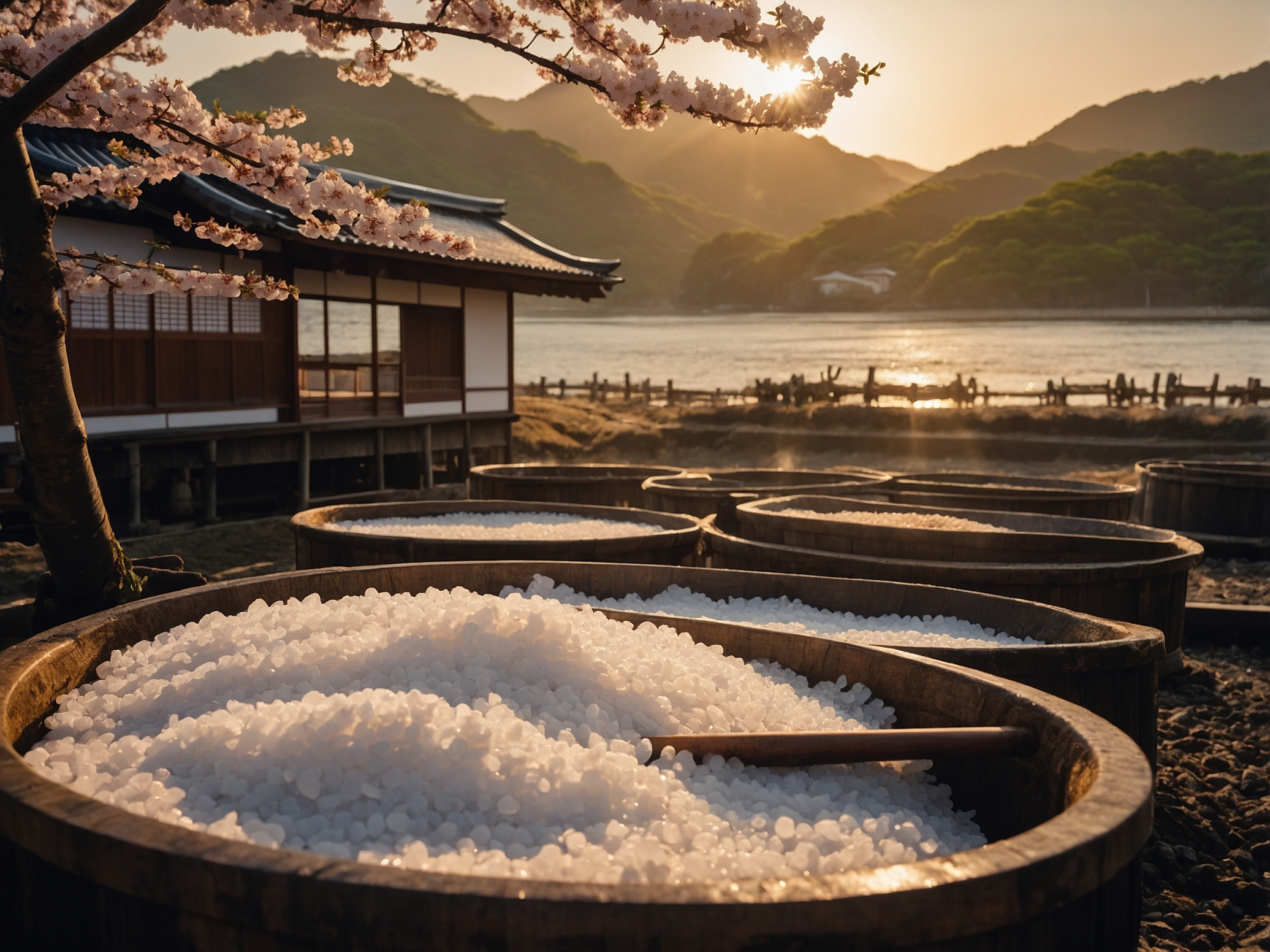 Traditional Japanese salt making barrels under cherry blossoms at sunset, coastal scenery