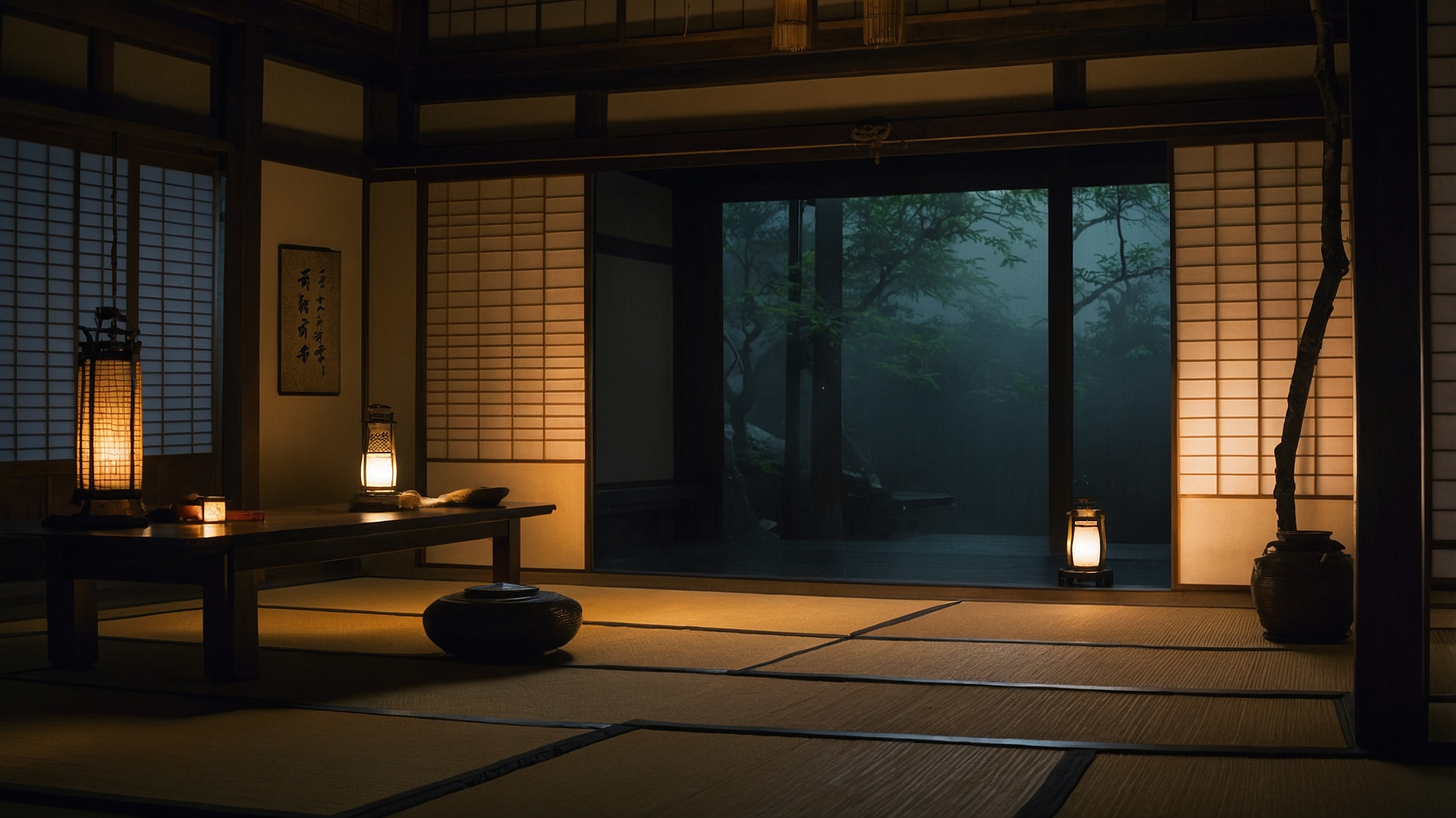 Yokai exorcism ambiance in Edo period Japanese room with lantern light on a summer night