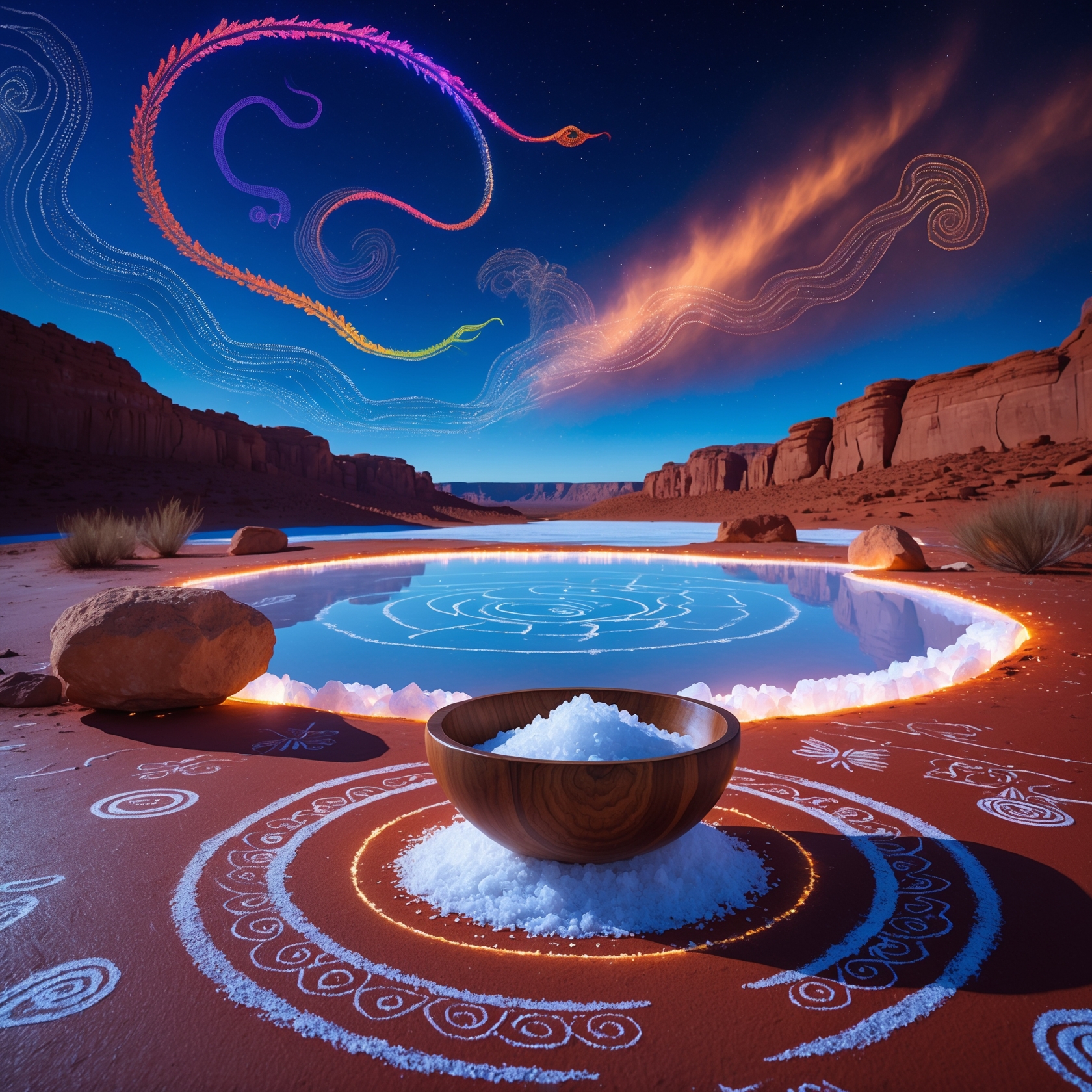Australian Aboriginal salt spiritual ritual under night sky with sacred symbols