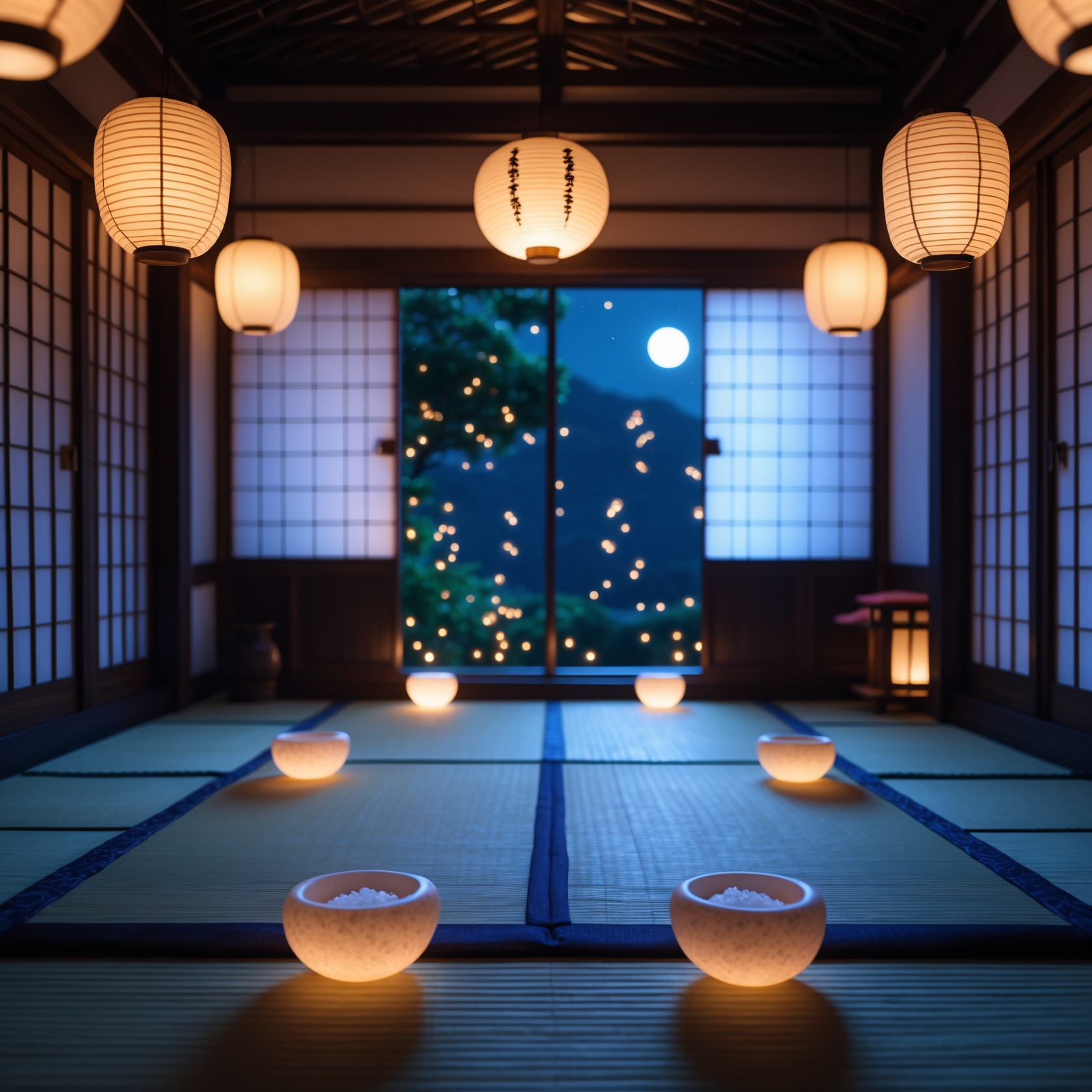 Japanese tatami room illuminated by lanterns with salt bowls forming a mystical barrier under the full moon