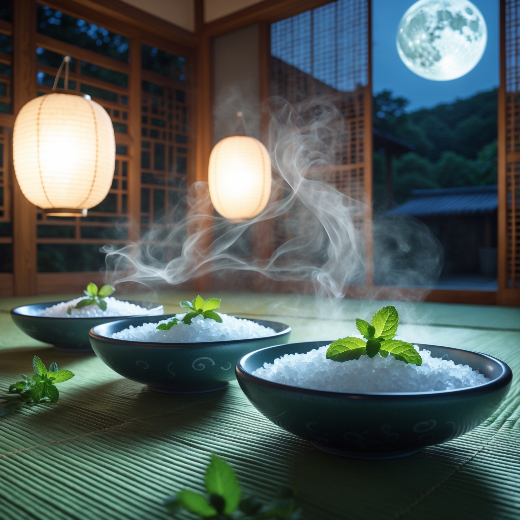 Cool purification salt with mint under full moon in Japanese tatami room