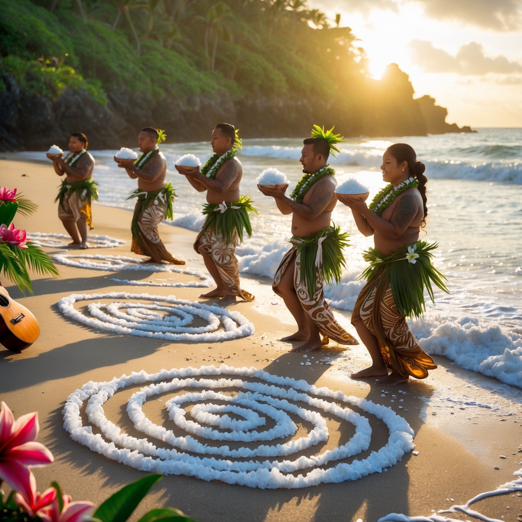 Hawaiian sea salt ritual with hula dancers performing purification ceremony on the beach at sunrise