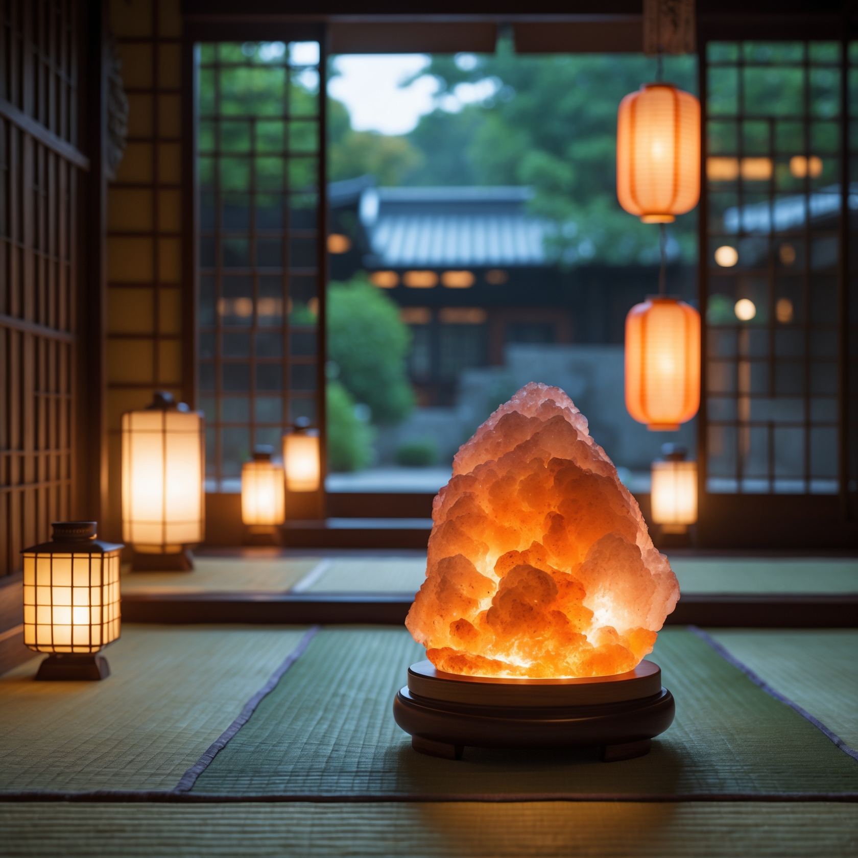 Himalayan salt lamp glowing in traditional Japanese tatami room summer interior