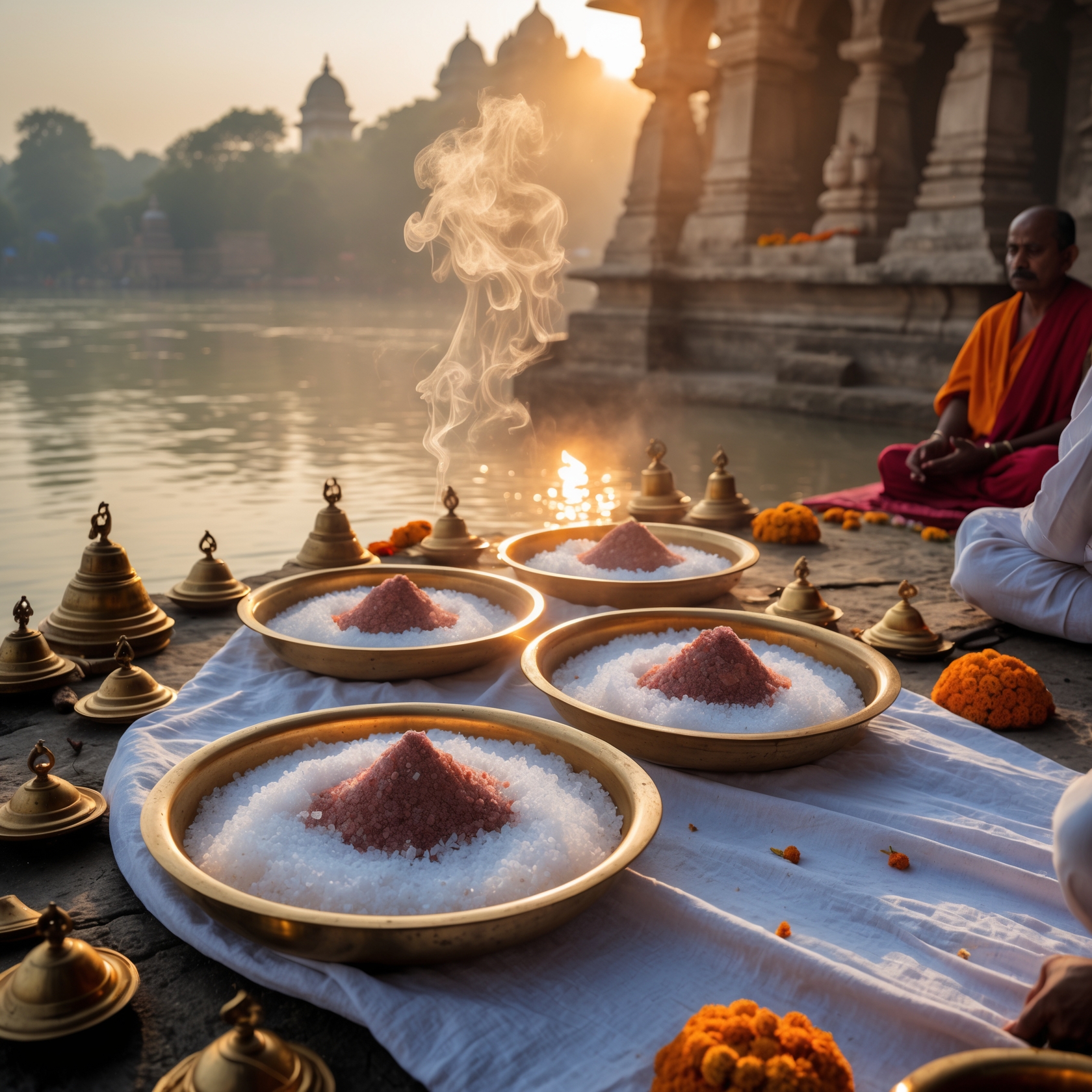 Hindu salt offering ritual at the sacred Ganges River during sunrise