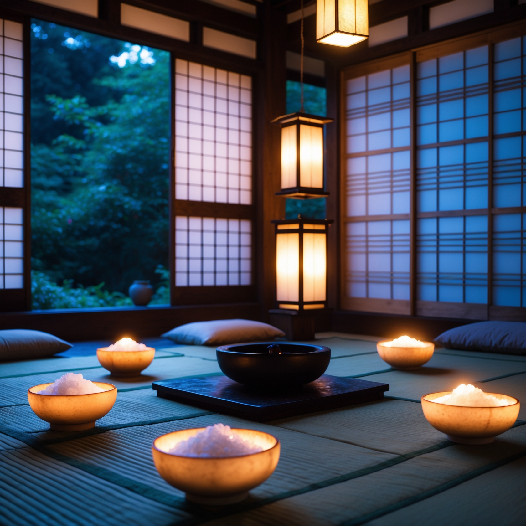 Japanese bedroom feng shui with salt bowls for summer purification and peaceful sleep