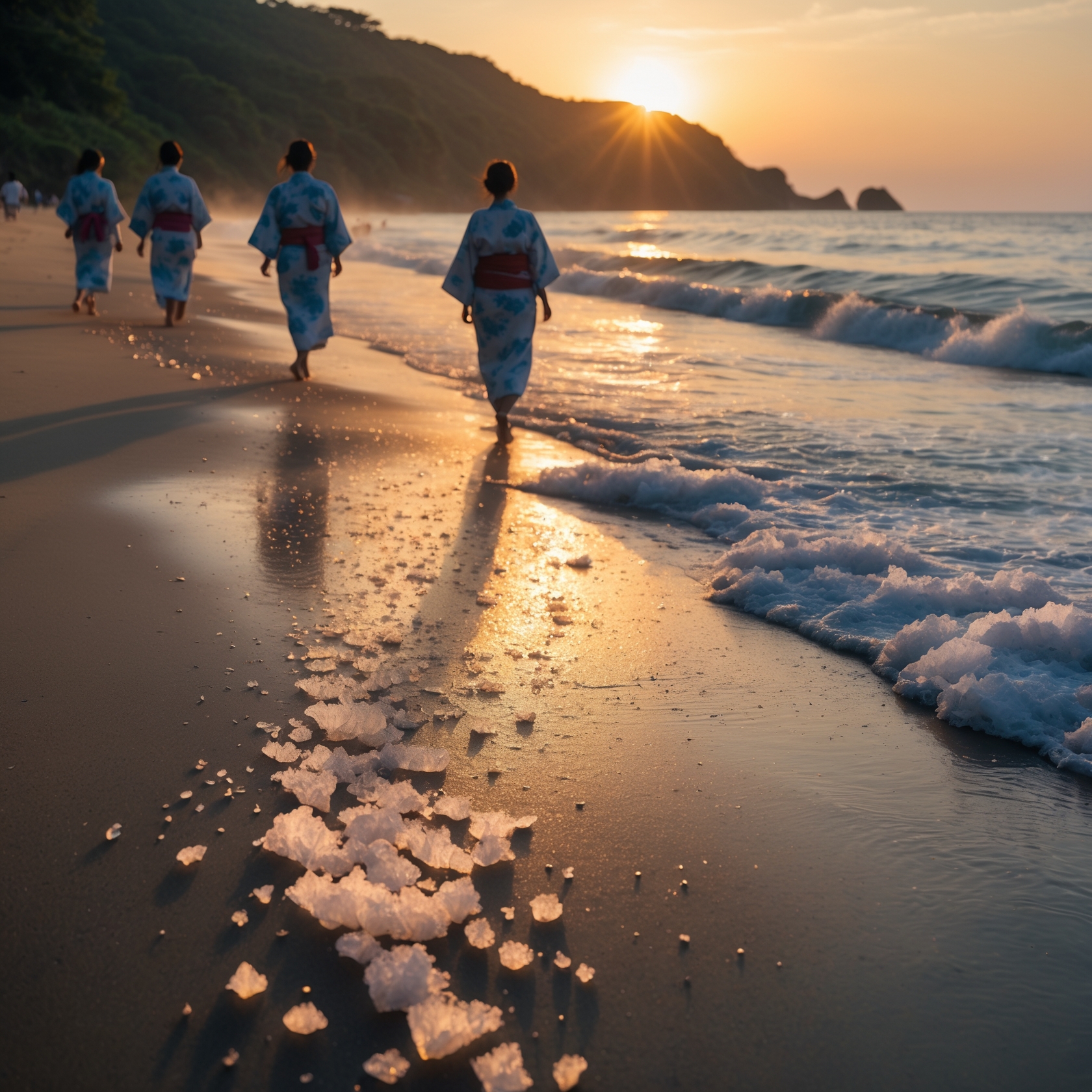 Japanese seaside purification ritual with salt and yukata at sunset