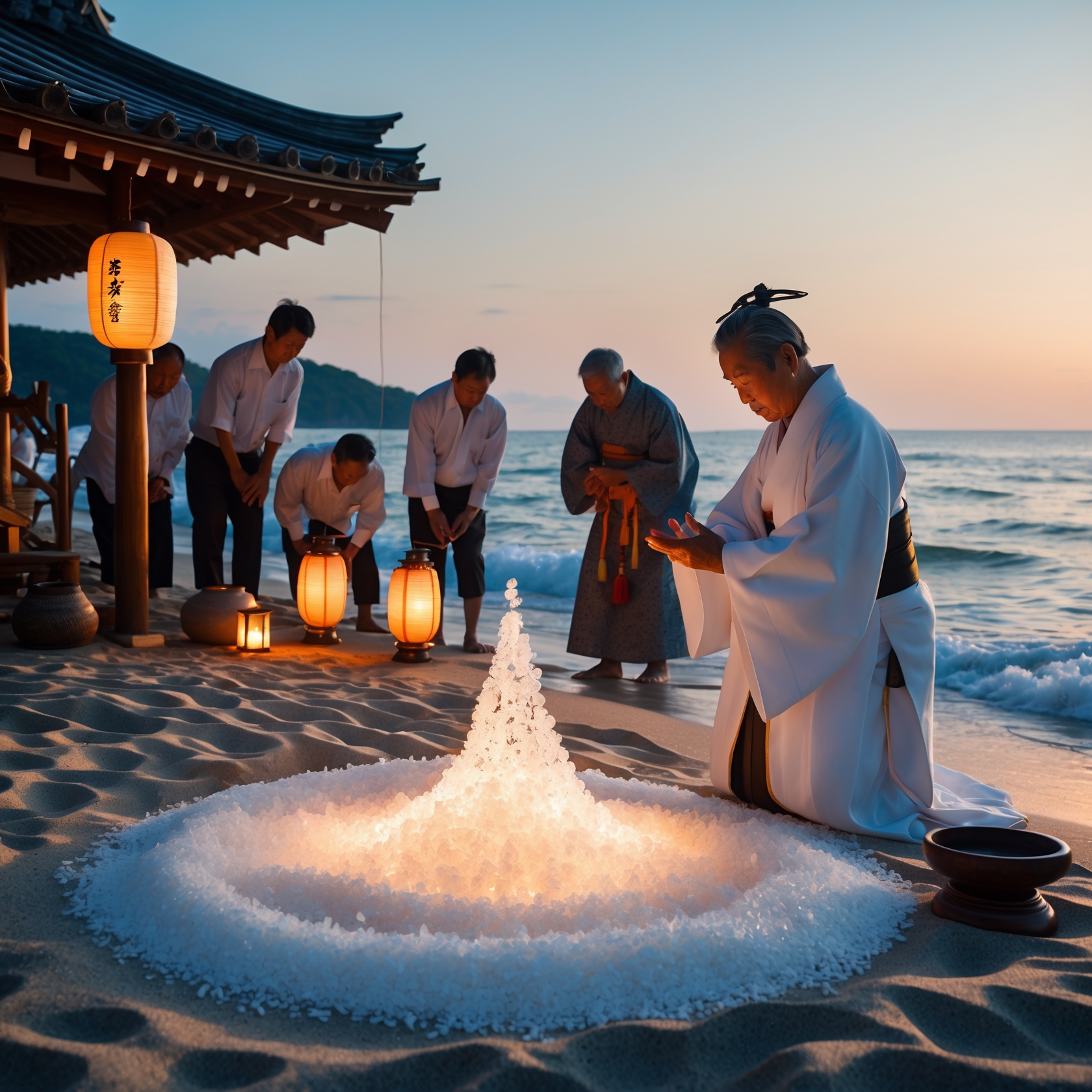Japanese seaside salt purification ritual at sunset with Shinto priest and glowing salt mound