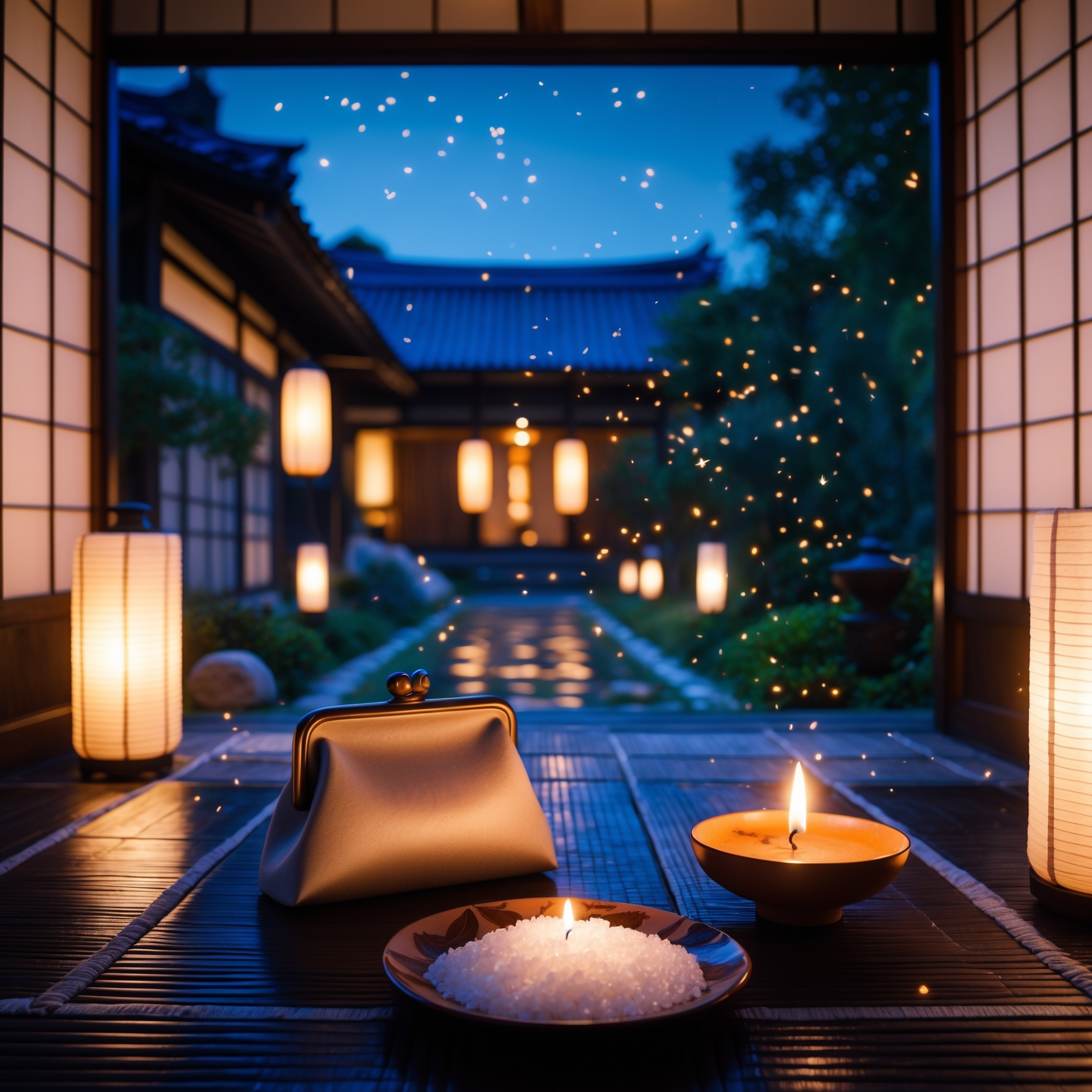 Japanese summer ritual with salt, wallet and lantern for wealth luck