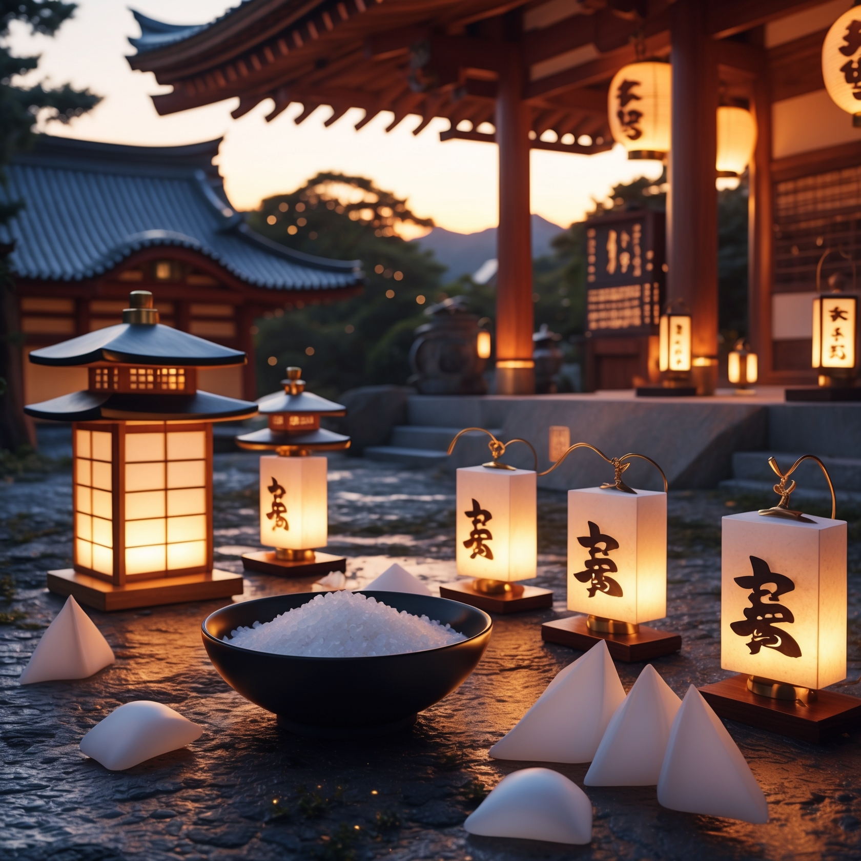 Japanese shrine lantern festival with salt purification ritual at sunset