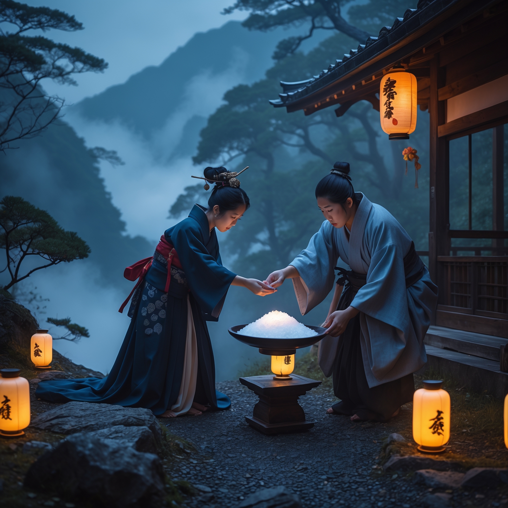 Japanese folklore Yamanba salt trade ceremony at mountain shrine with lanterns