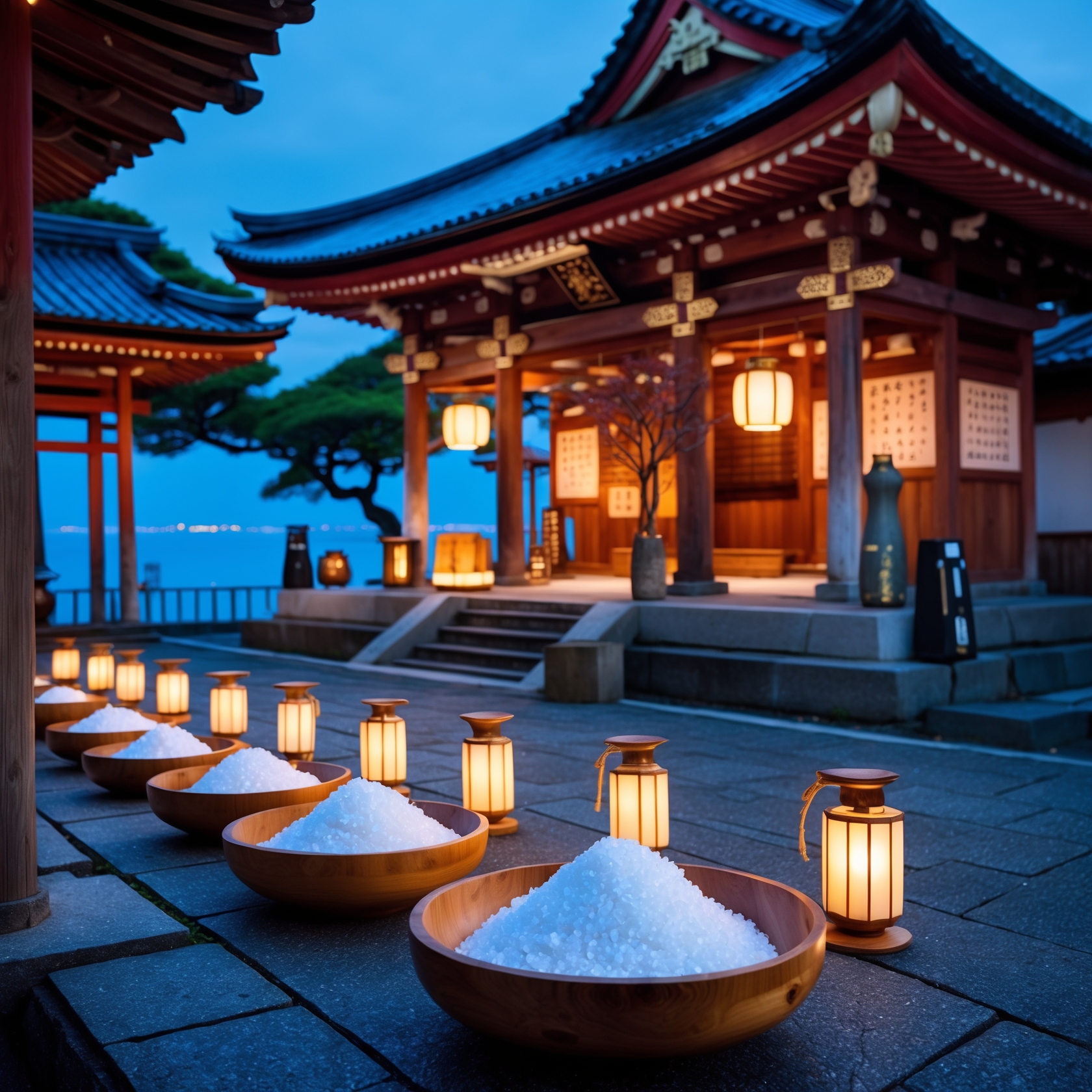 Traditional Japanese shrine salt offering ceremony with wooden bowls and lanterns at dusk