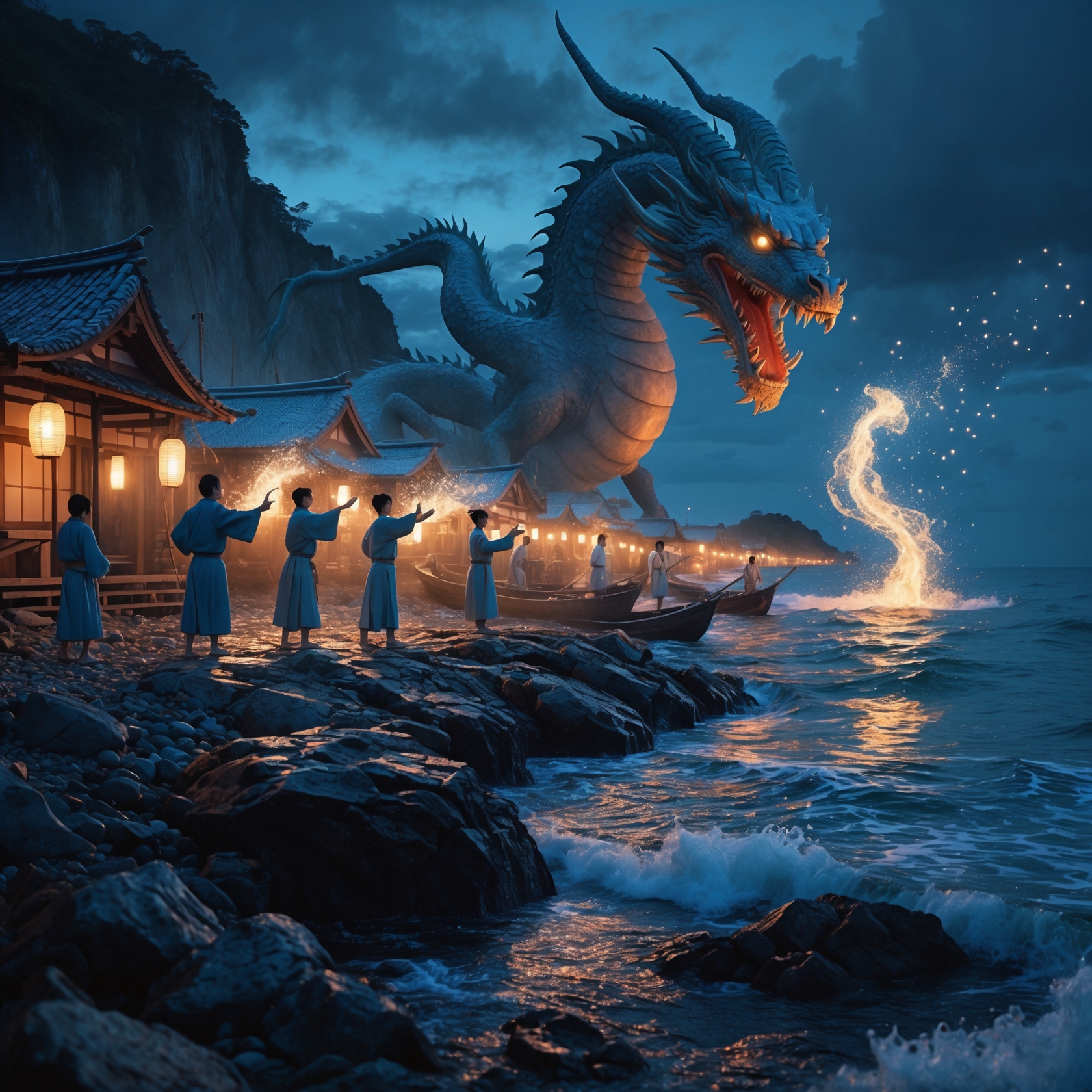 Japanese fishermen banishing sea dragon with salt ritual in folklore scene