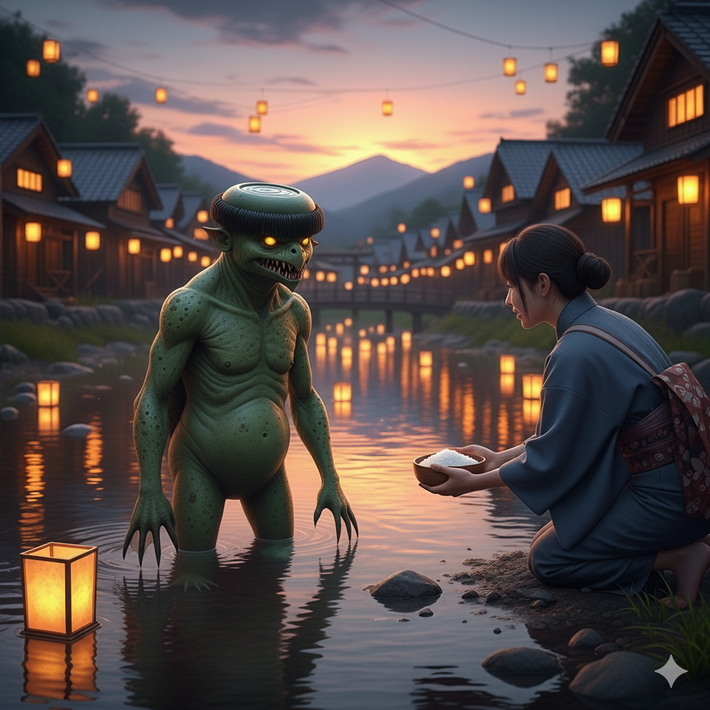 Japanese folklore kappa yokai receiving salt offering by a riverside at dusk