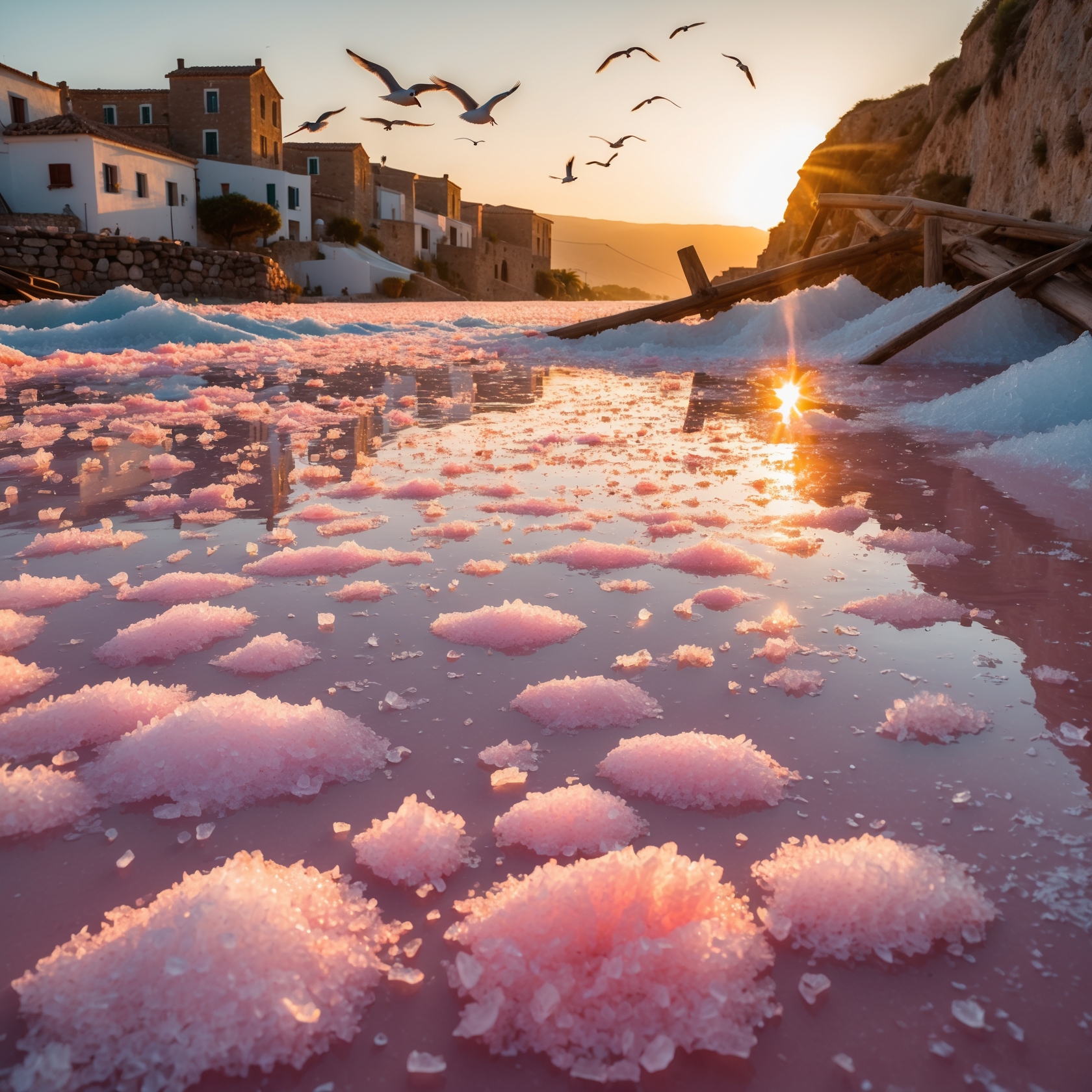 Mediterranean pink salt fields at sunset with fishing village background