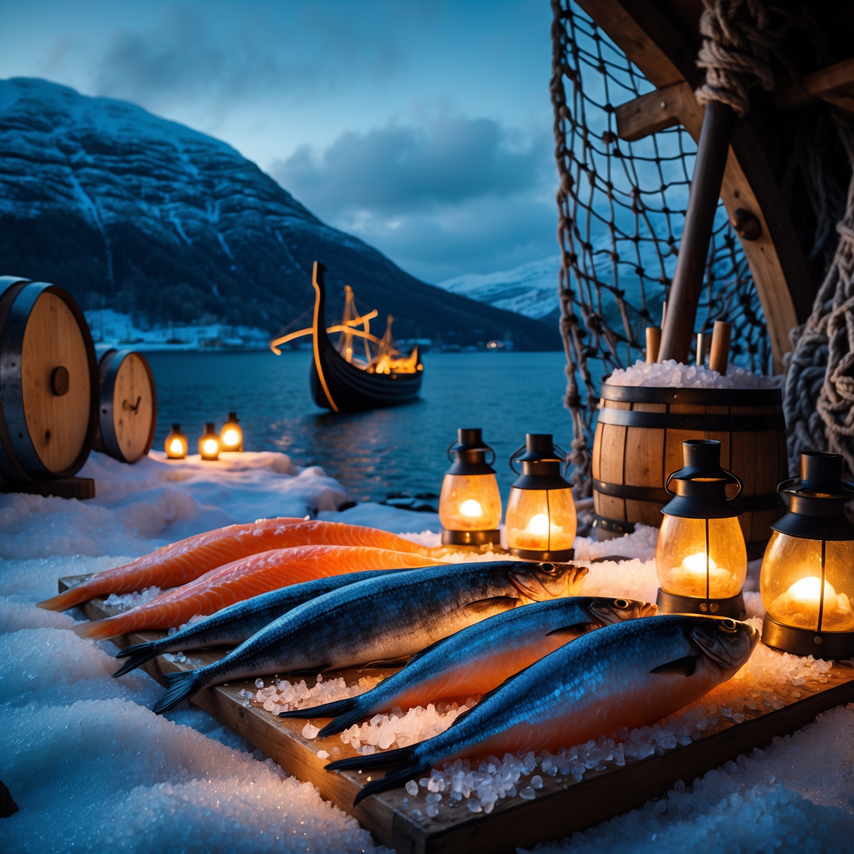 Nordic salted fish tradition with Viking ship and lanterns on icy coast