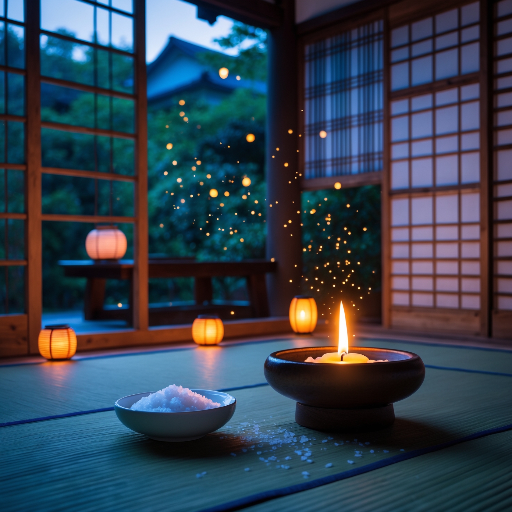 Obon salt purification ritual with candle and salt in traditional Japanese tatami room