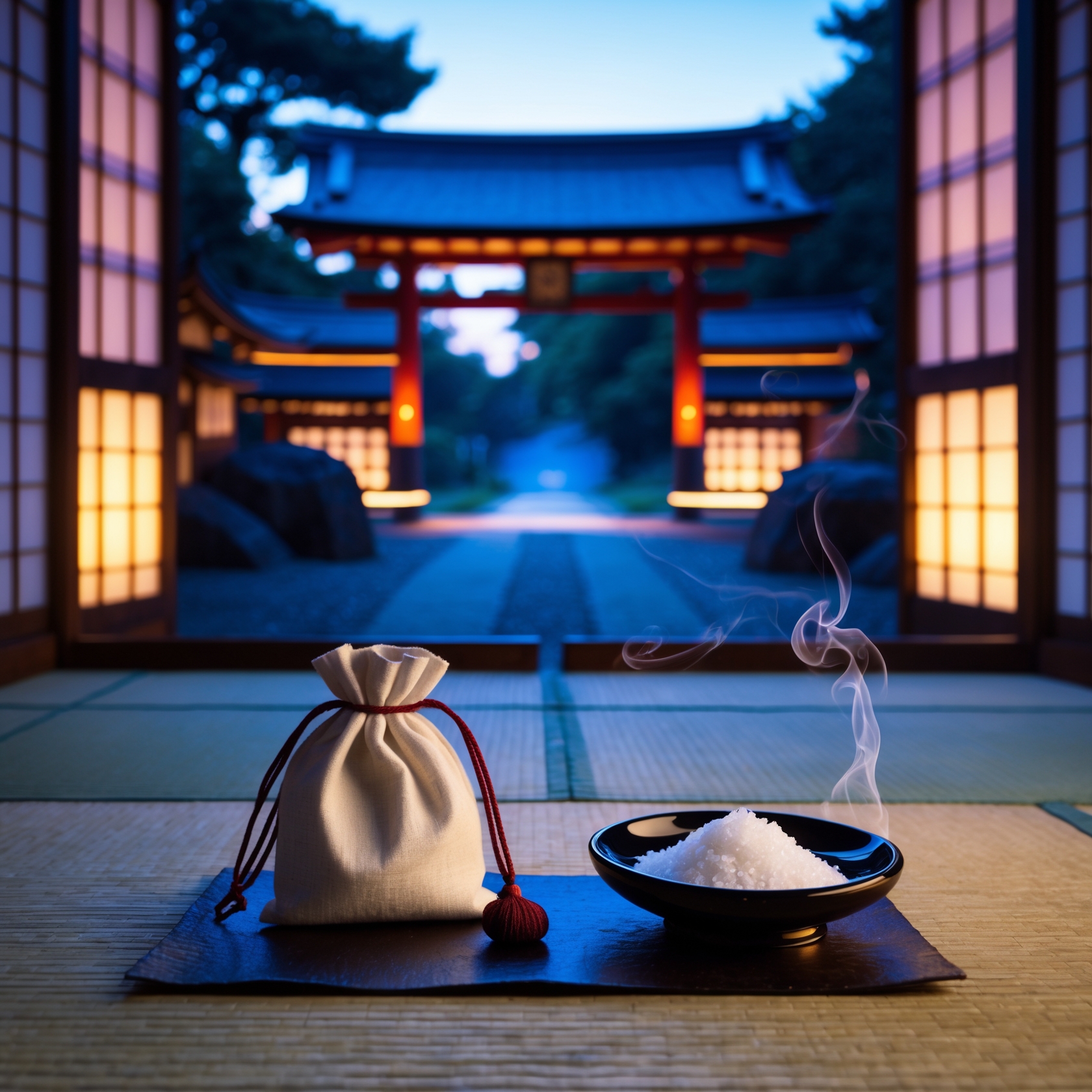 Purification salt and protective amulet pouch at Japanese temple gate