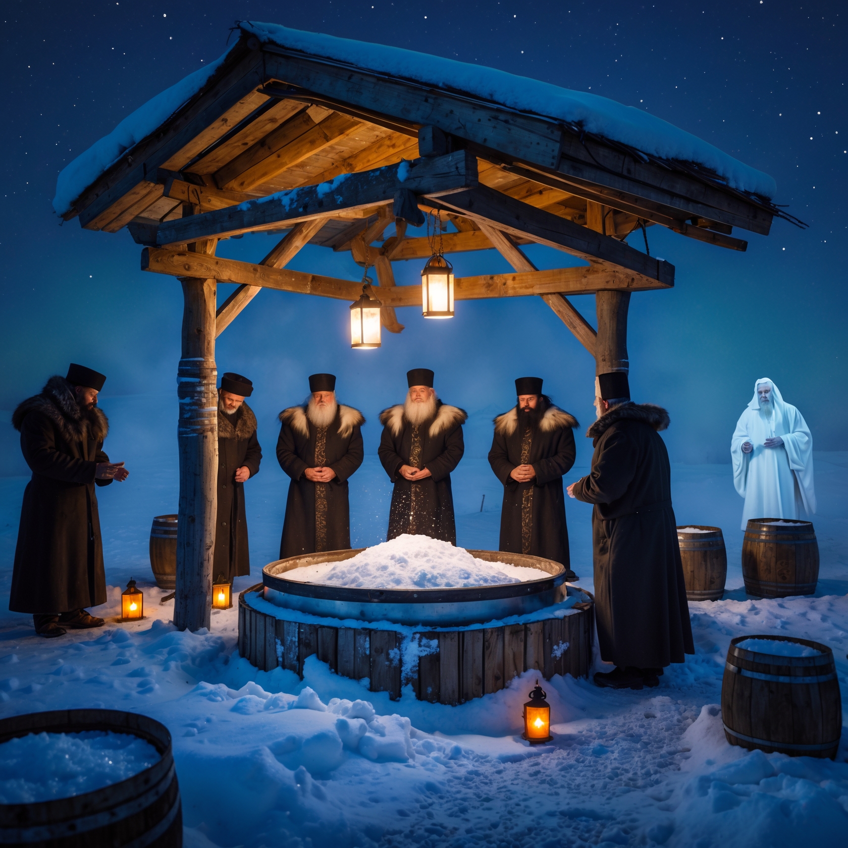 Russian salt well ritual with folklore spirits in Siberian winter night