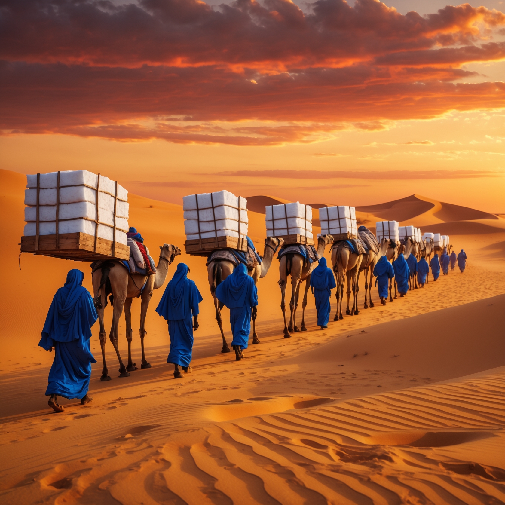 Salt caravan in Sahara desert at sunset carrying blocks of salt on camels