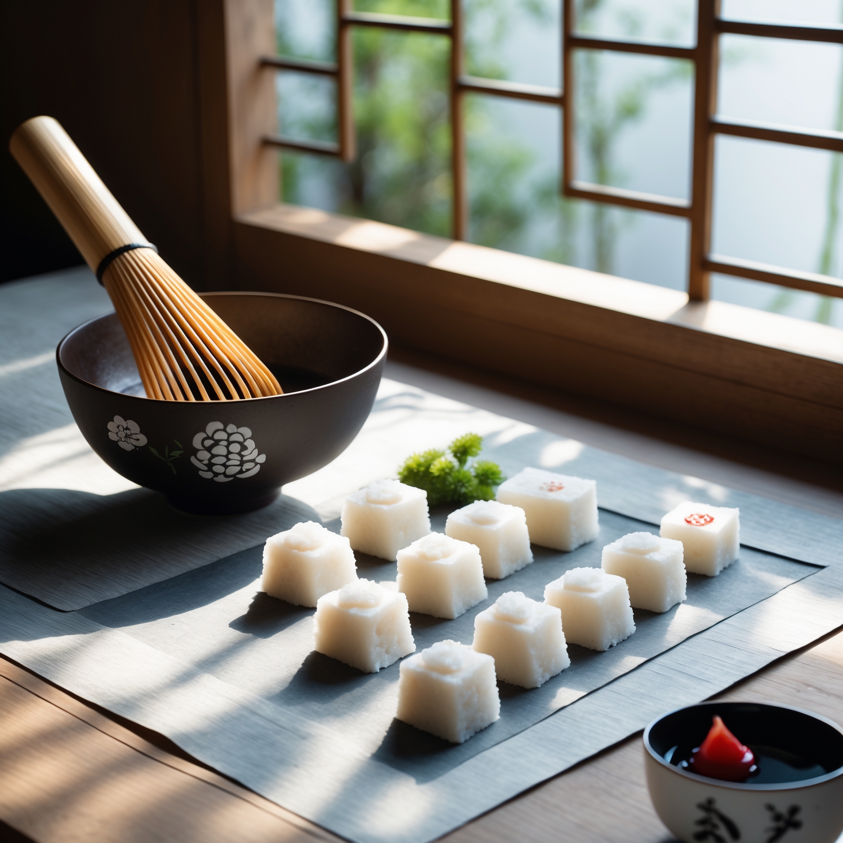 Japanese tea ceremony with traditional salt sweets and matcha whisk