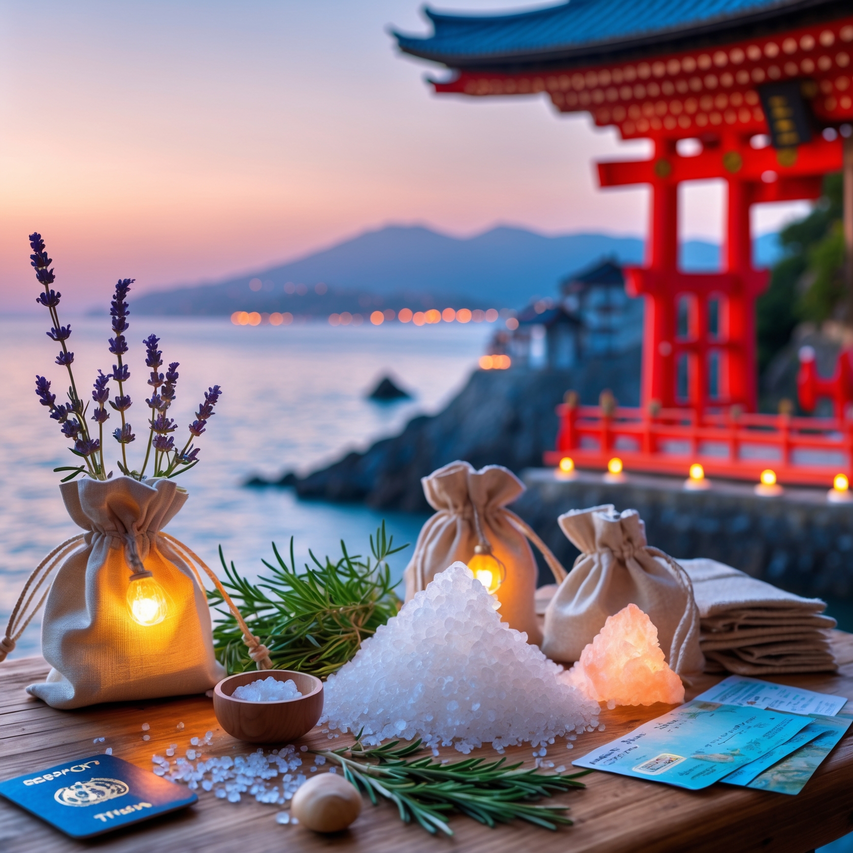 Salt amulet making for travel luck with Japanese torii and sea at sunset