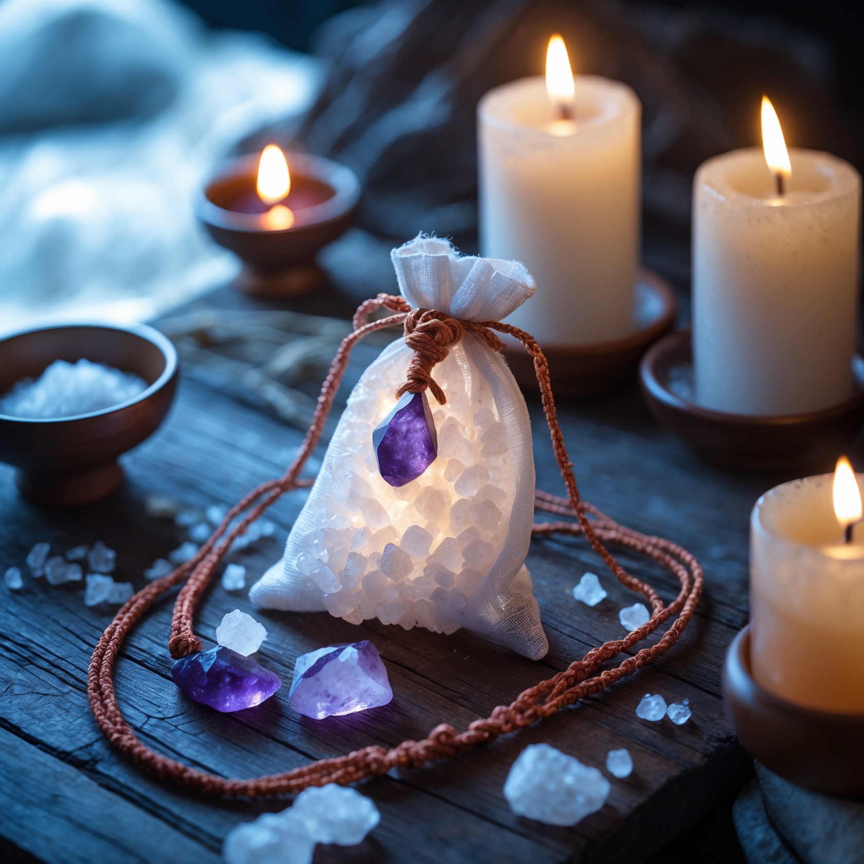 Salt necklace with amethyst crystals and candles for Japanese spiritual purification