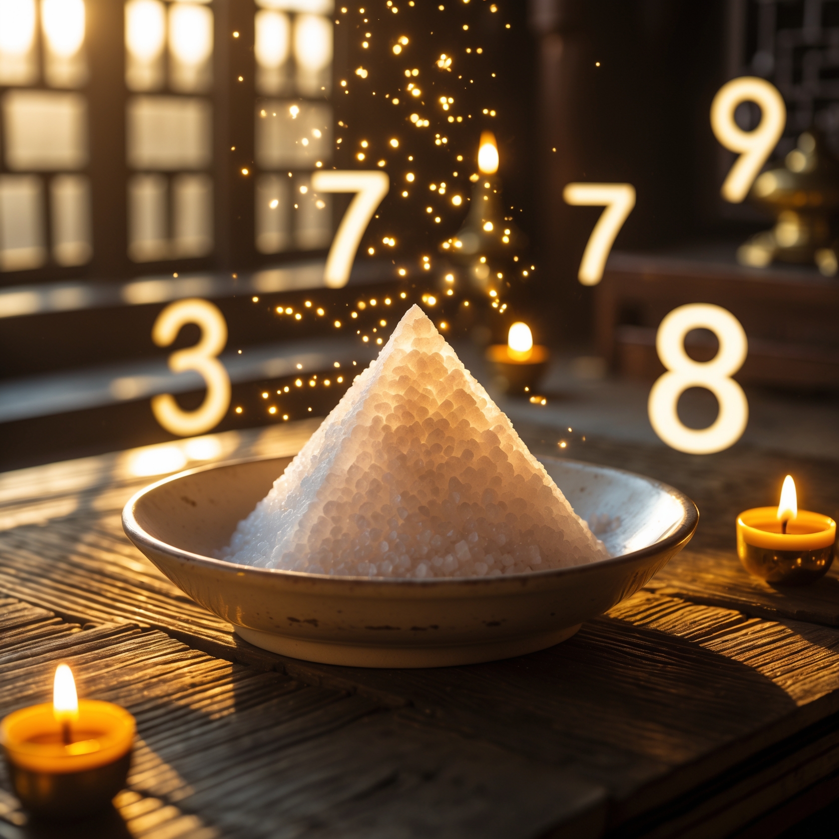 Spiritual pyramid salt with glowing numerology 3 7 8 ritual for luck and purification