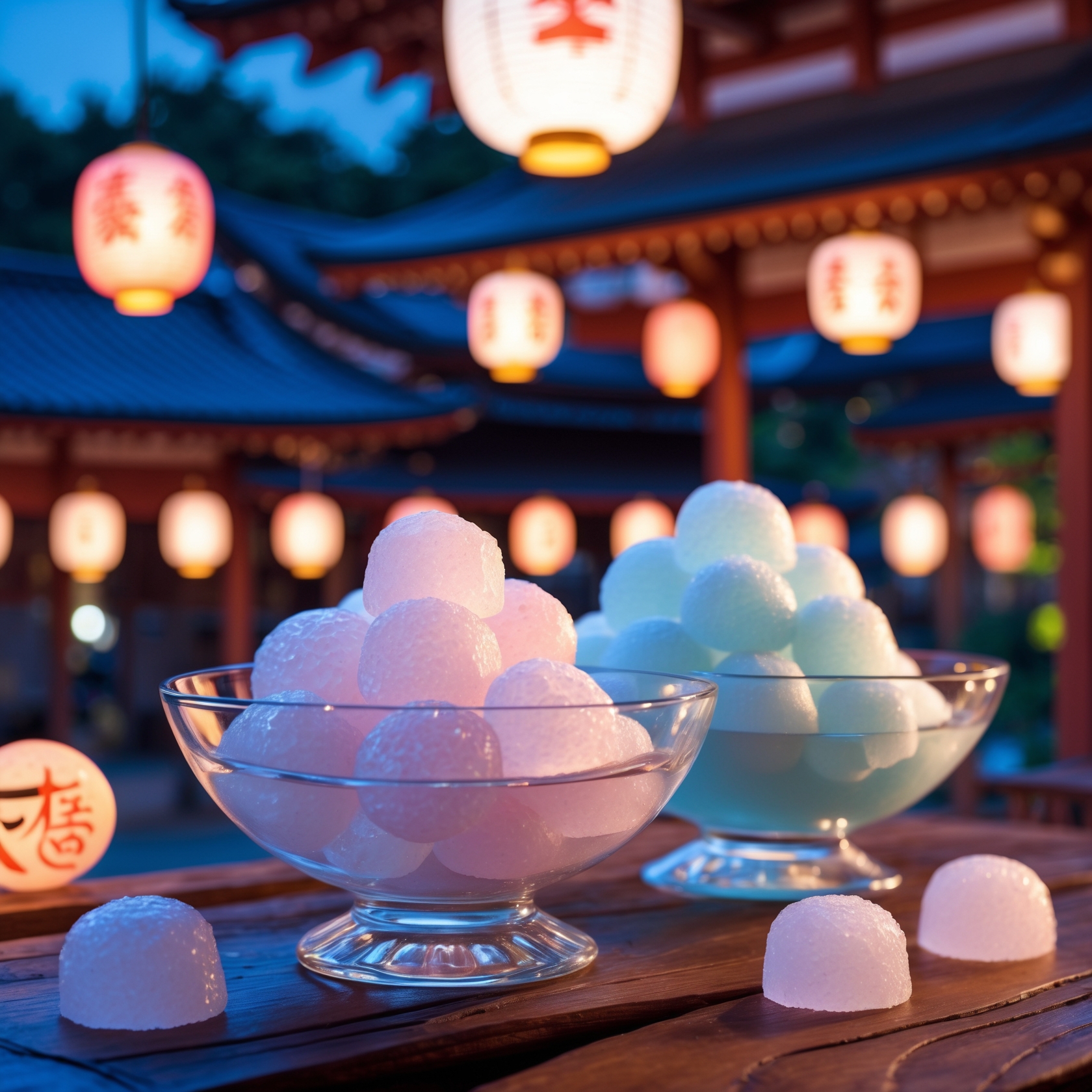 Japanese summer festival salt candy in glass bowl with lanterns background
