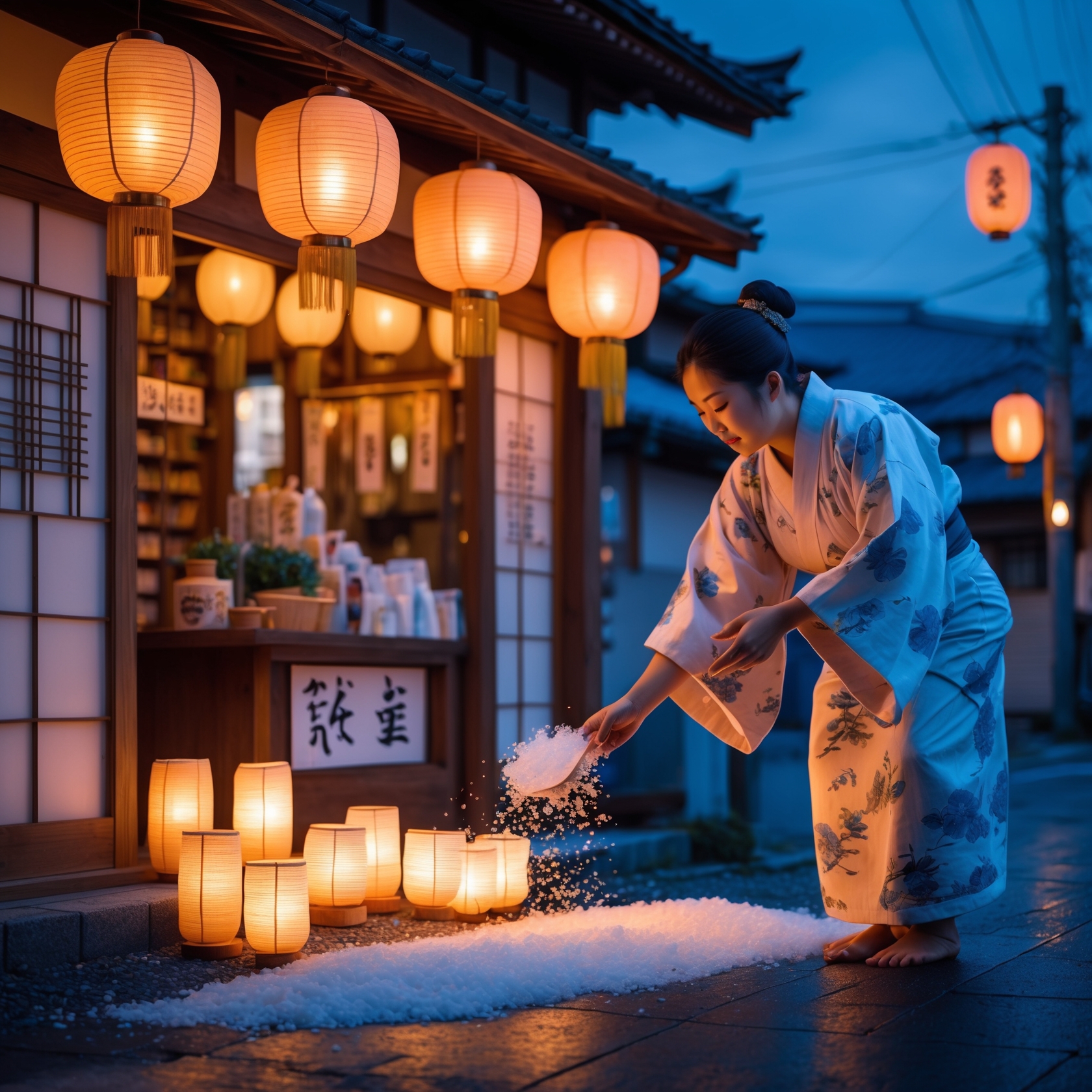 Japanese summer evening salt purification ritual for shop prosperity