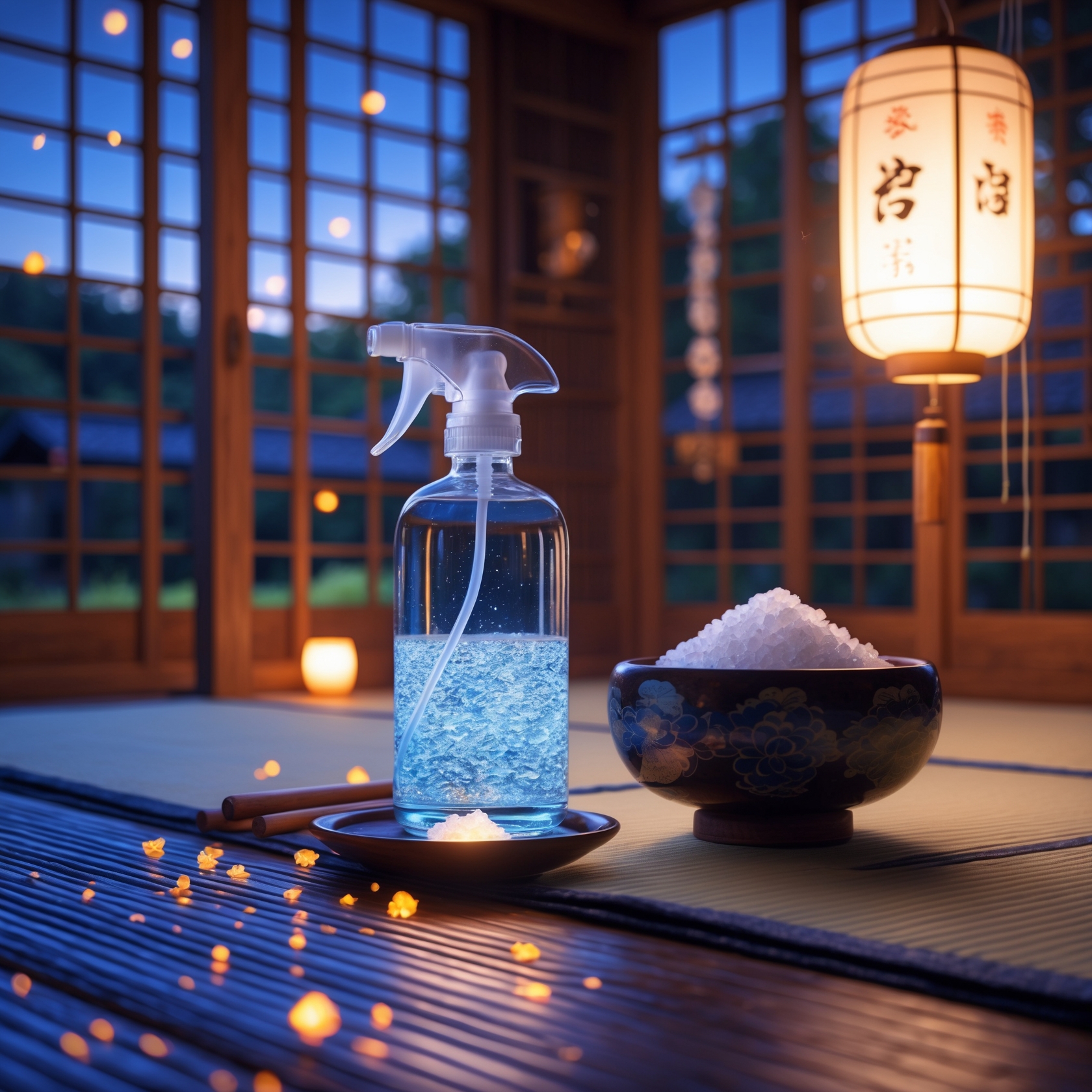 Summer salt spray purification ritual in Japanese room with salt bowl and lantern